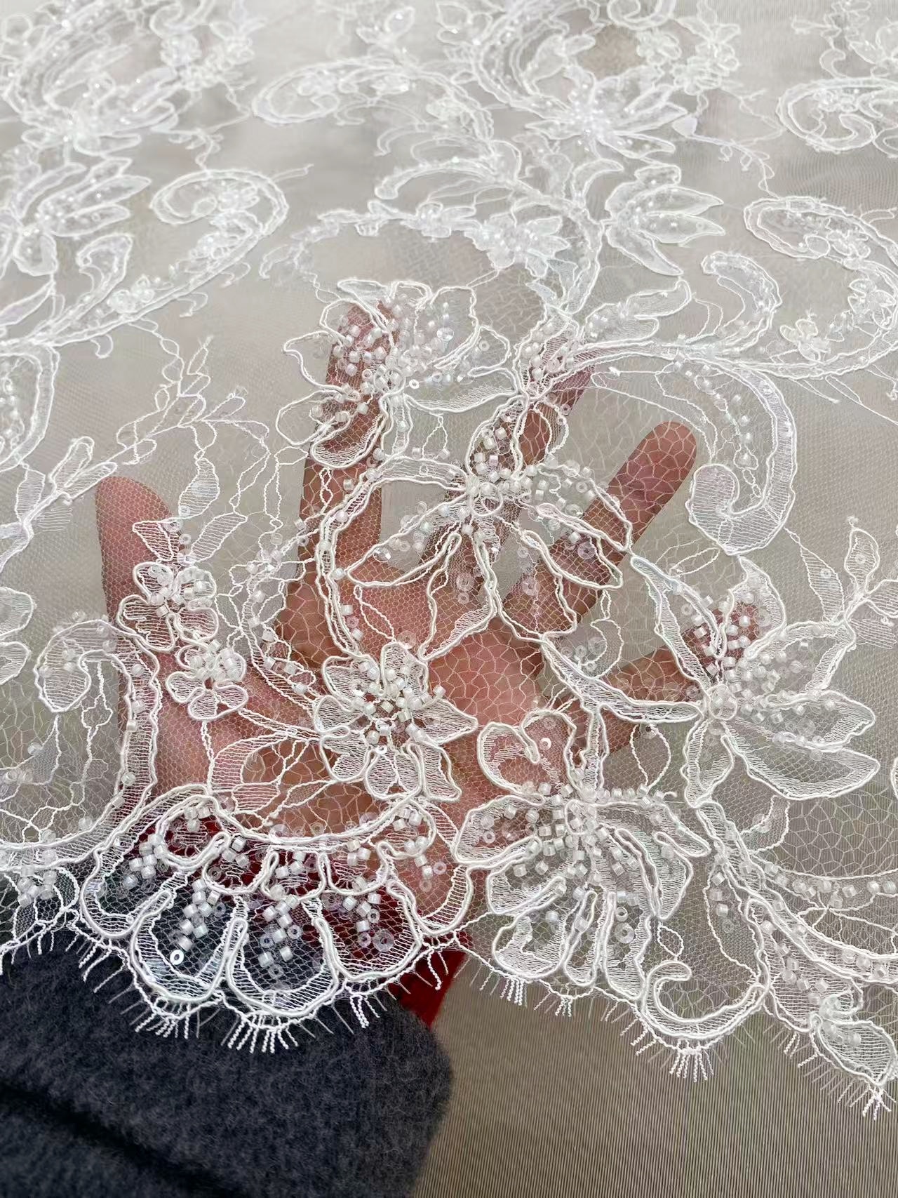 Luxurious Beaded French Chantilly Lace Fabric, Sequin Floral Embroidery Lace for wedding shrugs,bridal gown,Sold by 3 Yard