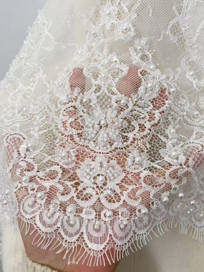 Chantilly Lace Trim with Pearls, White French Eyelash Lace Fabric for Bridal Veil, Beaded Embroidery Lace Tirm, Sold as 3-Meters Piece