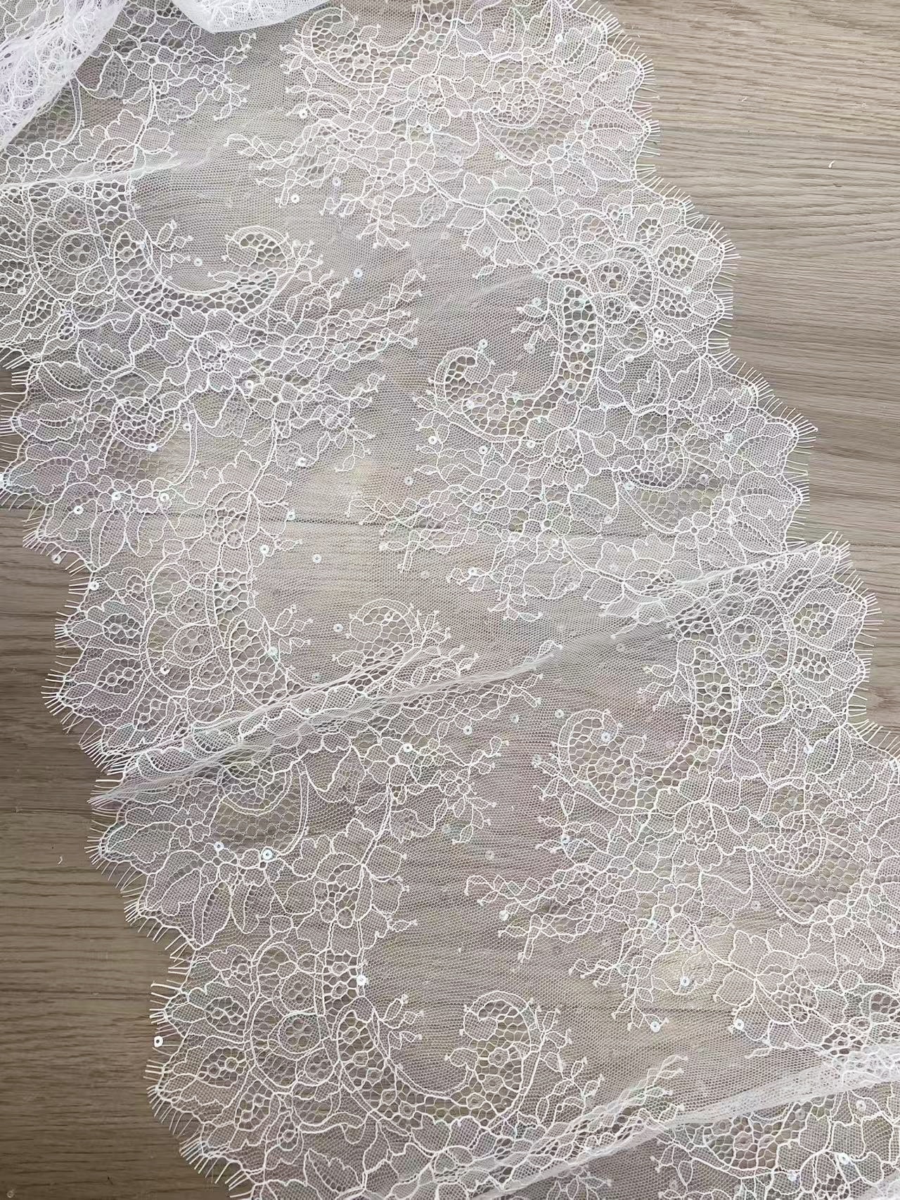 French Sequin Chantilly Lace Trim, Floral Trim Eyelash Edging, Eyelash Lace Wedding Dress Fabric for Bridal Veil, Bridal Cap Lace 3 meters