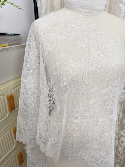 3 Meters French Chantilly Lace Trims with Double Side Scalloped, Sequins Lace Trim, Bridal Veil Lace Fabric