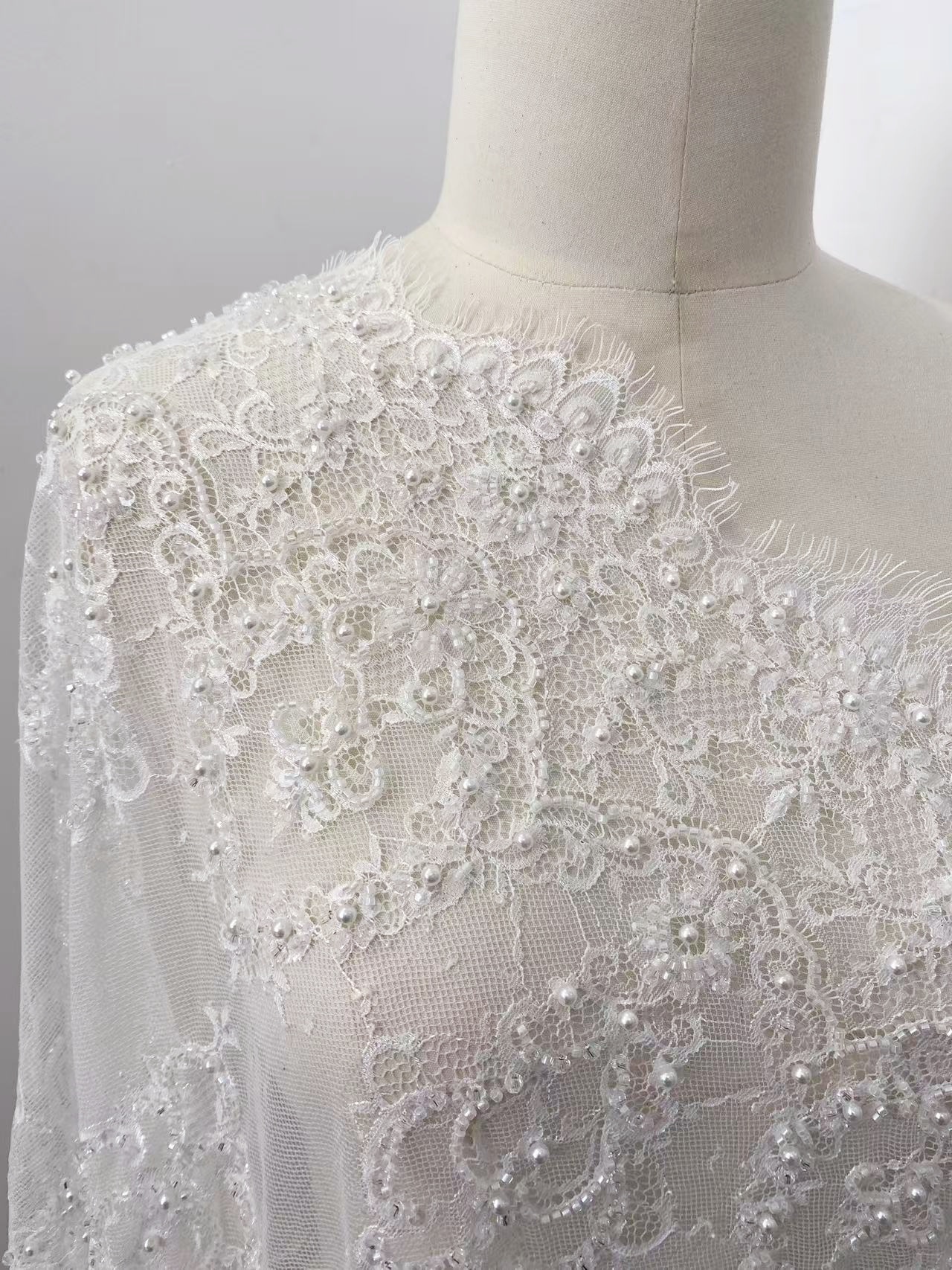 Chantilly Lace Trim with Pearls, White French Eyelash Lace Fabric for Bridal Veil, Beaded Embroidery Lace Tirm, Sold as 3-Meters Piece