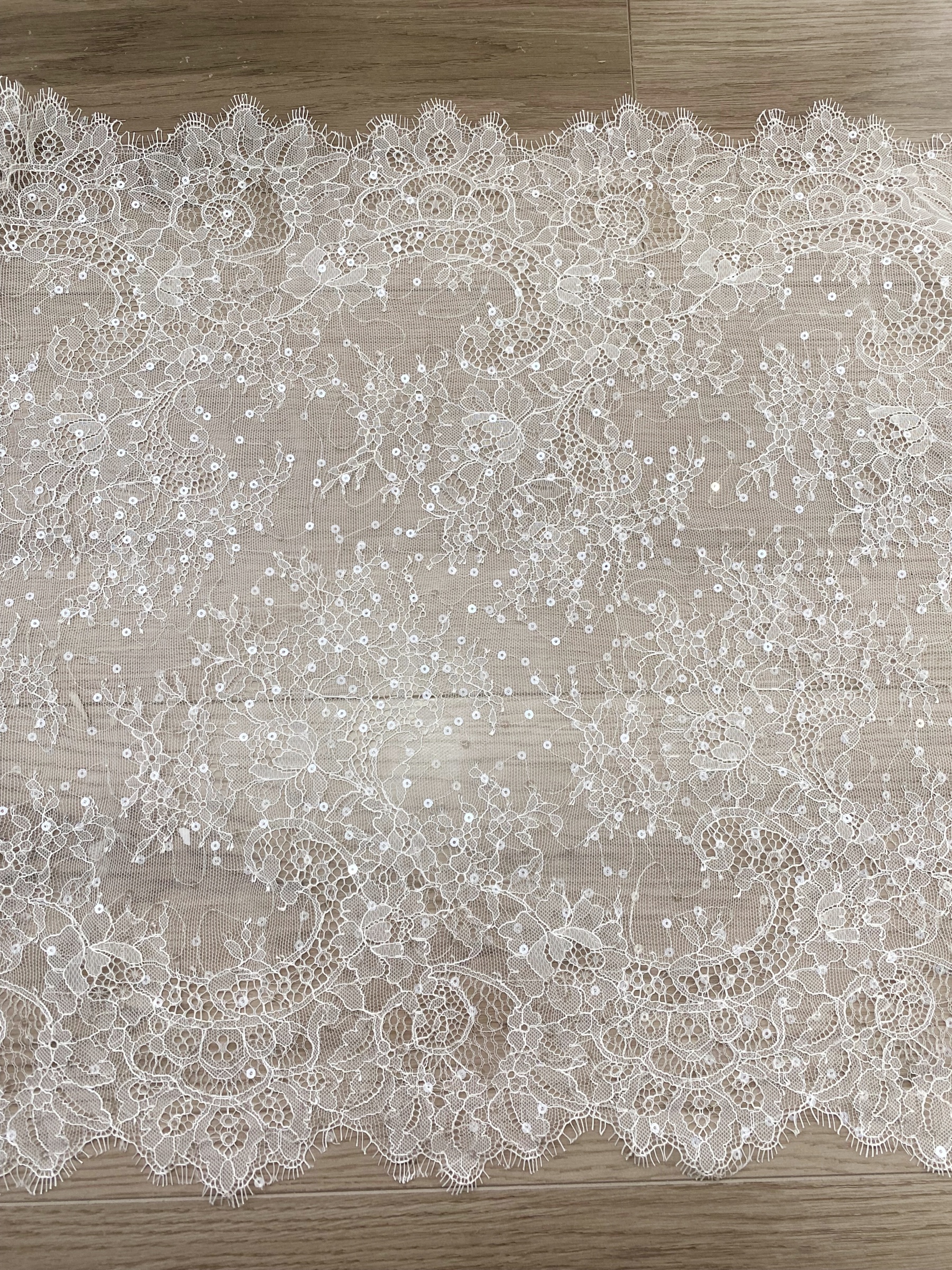 3 Meters French Chantilly Lace Trims with Double Side Scalloped, Sequins Lace Trim, Bridal Veil Lace Fabric