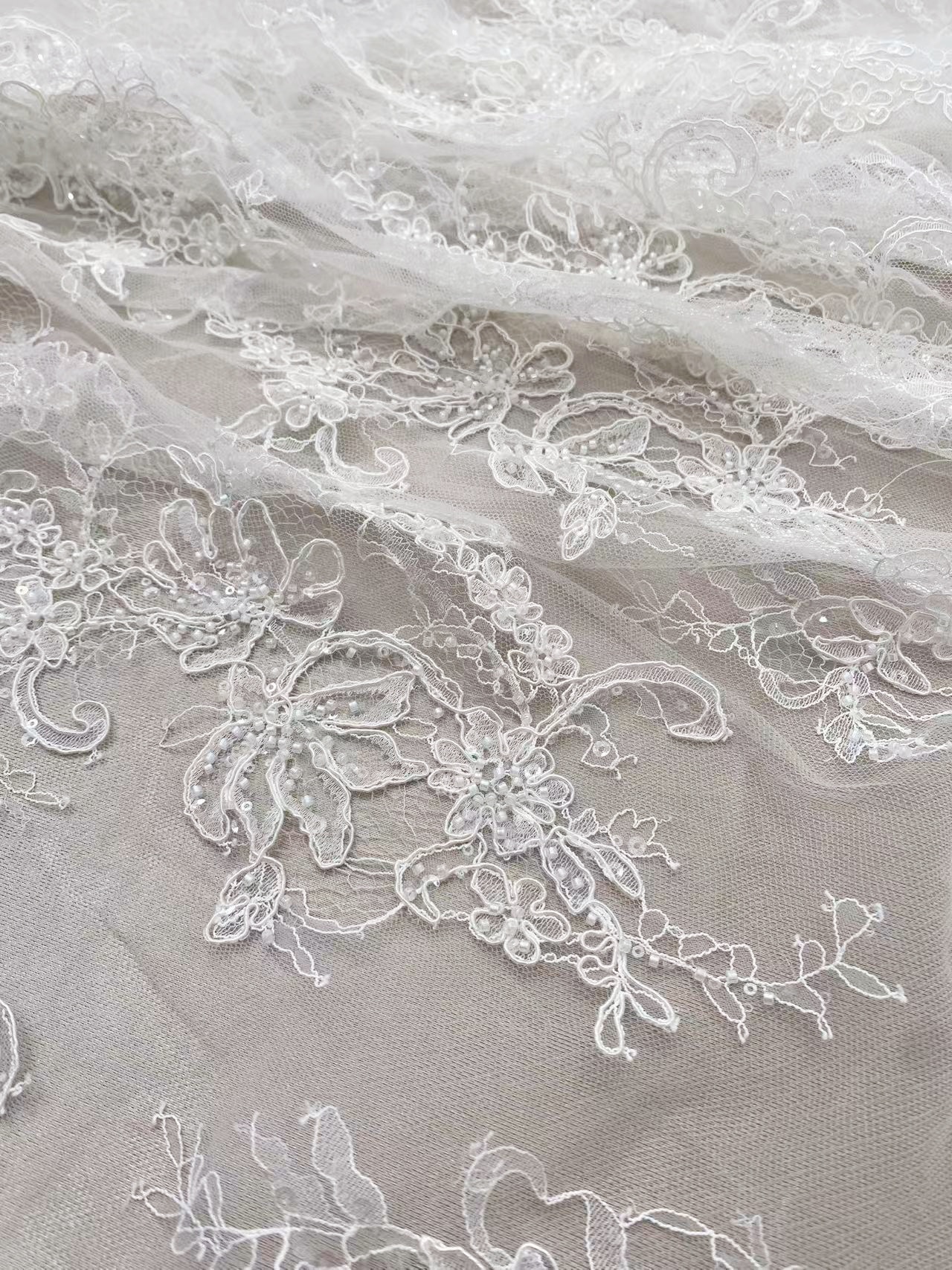 Luxurious Beaded French Chantilly Lace Fabric, Sequin Floral Embroidery Lace for wedding shrugs,bridal gown,Sold by 3 Yard
