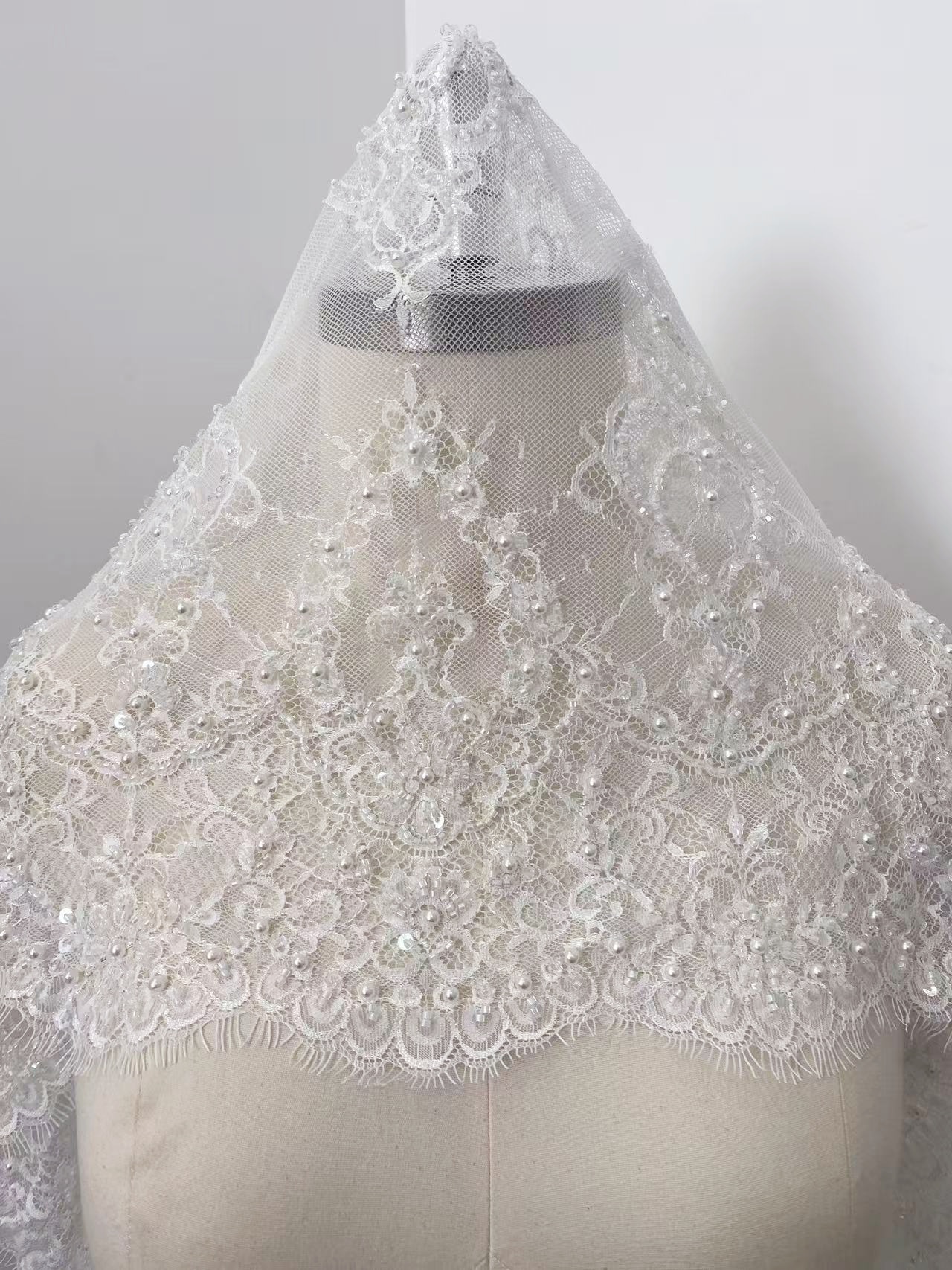 Chantilly Lace Trim with Pearls, White French Eyelash Lace Fabric for Bridal Veil, Beaded Embroidery Lace Tirm, Sold as 3-Meters Piece
