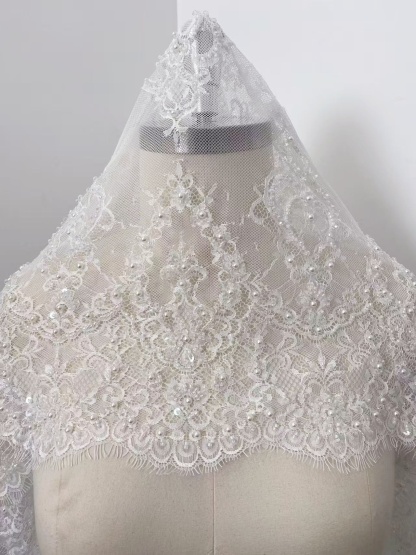 Chantilly Lace Trim with Pearls, White French Eyelash Lace Fabric for Bridal Veil, Beaded Embroidery Lace Tirm, Sold as 3-Meters Piece