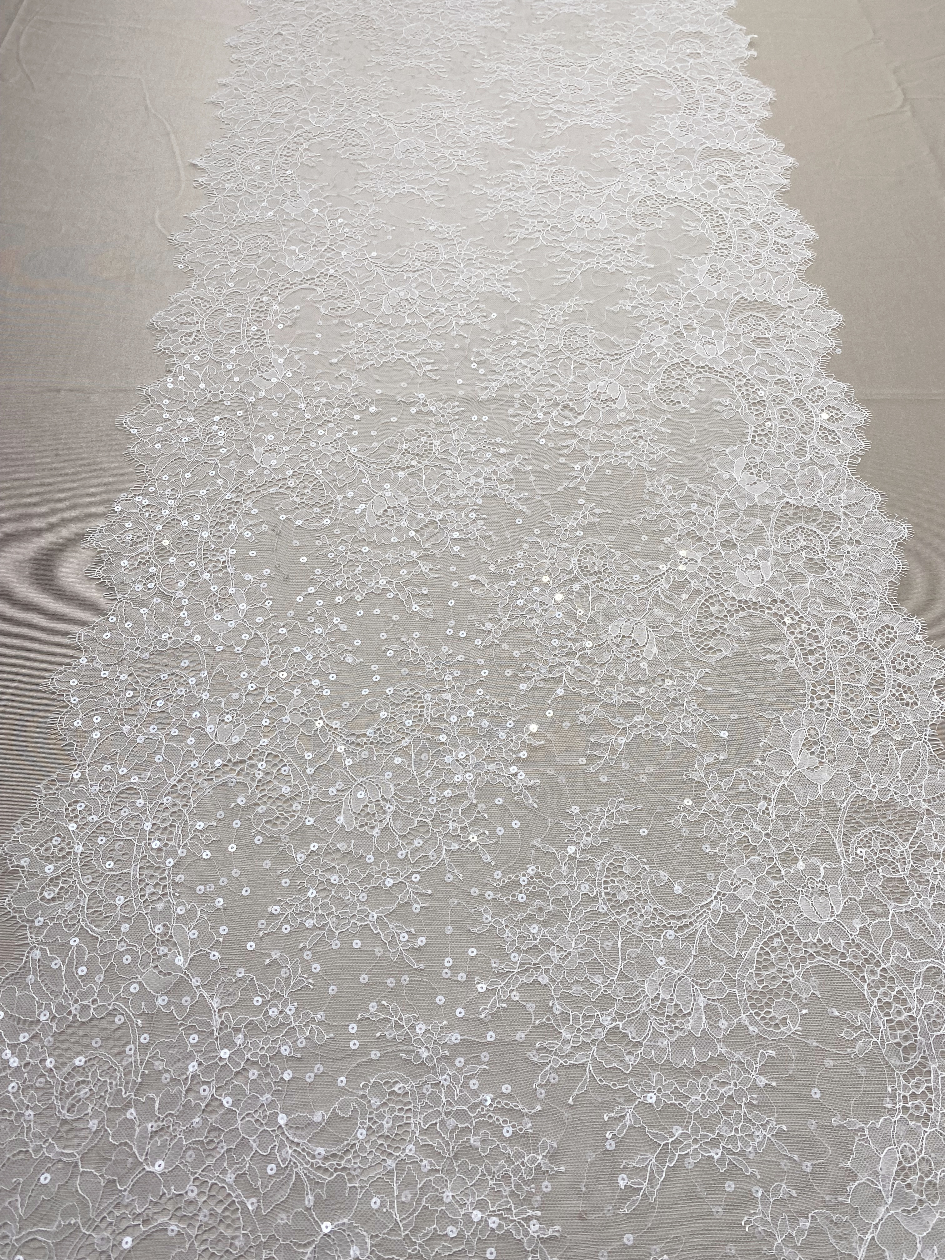 3 Meters French Chantilly Lace Trims with Double Side Scalloped, Sequins Lace Trim, Bridal Veil Lace Fabric