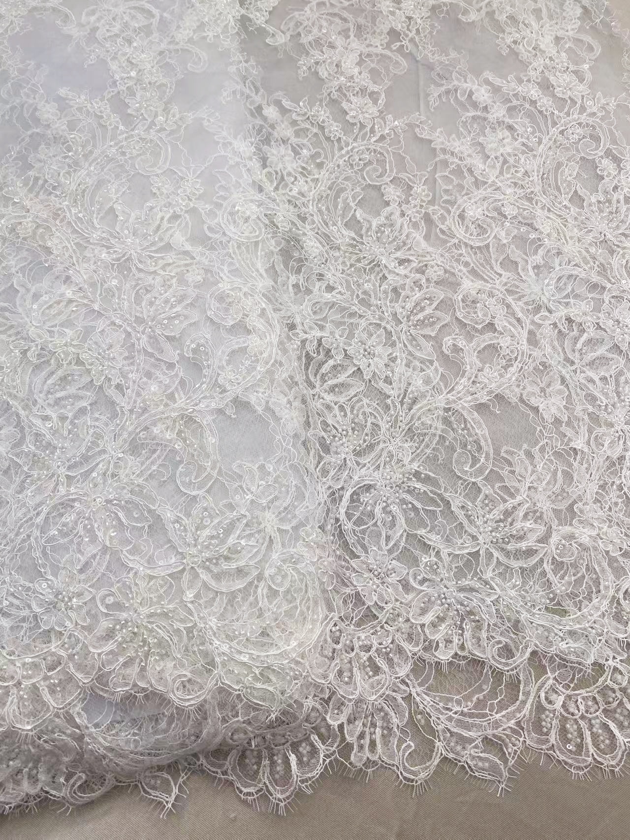 Luxurious Beaded French Chantilly Lace Fabric, Sequin Floral Embroidery Lace for wedding shrugs,bridal gown,Sold by 3 Yard