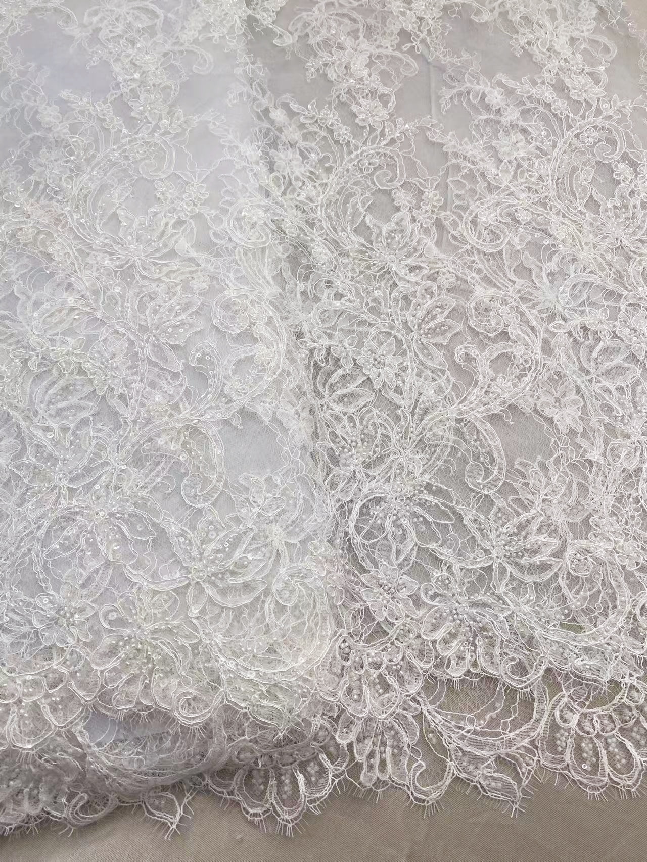 Luxurious Beaded French Chantilly Lace Fabric, Sequin Floral Embroidery Lace for wedding shrugs,bridal gown,Sold by 3 Yard