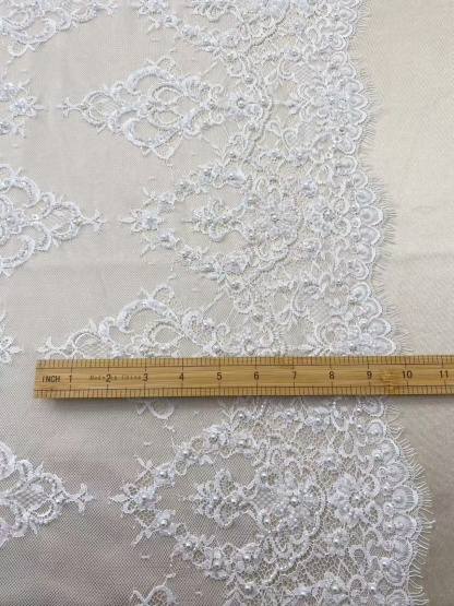 Chantilly Lace Trim with Pearls, White French Eyelash Lace Fabric for Bridal Veil, Beaded Embroidery Lace Tirm, Sold as 3-Meters Piece