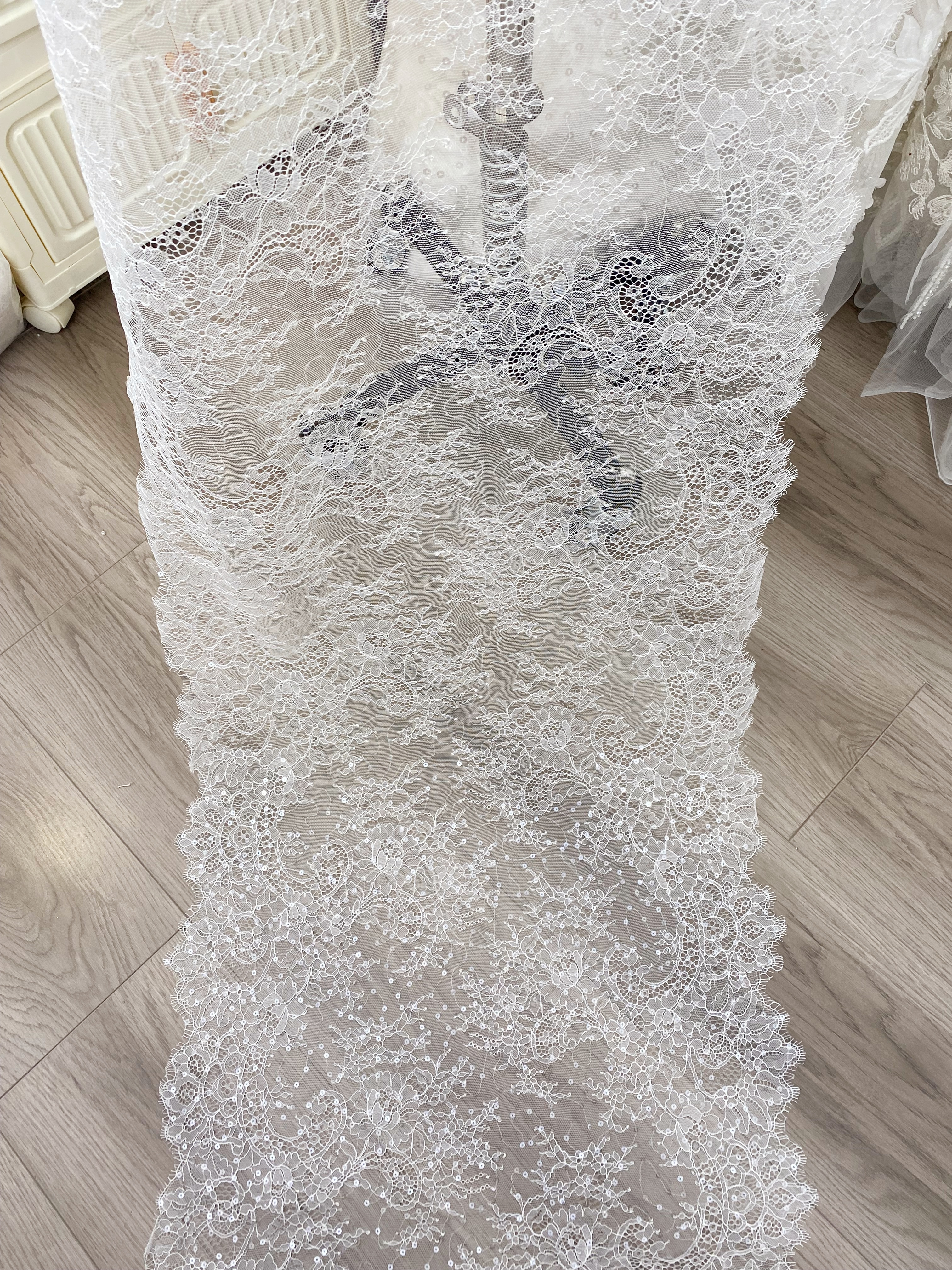 3 Meters French Chantilly Lace Trims with Double Side Scalloped, Sequins Lace Trim, Bridal Veil Lace Fabric