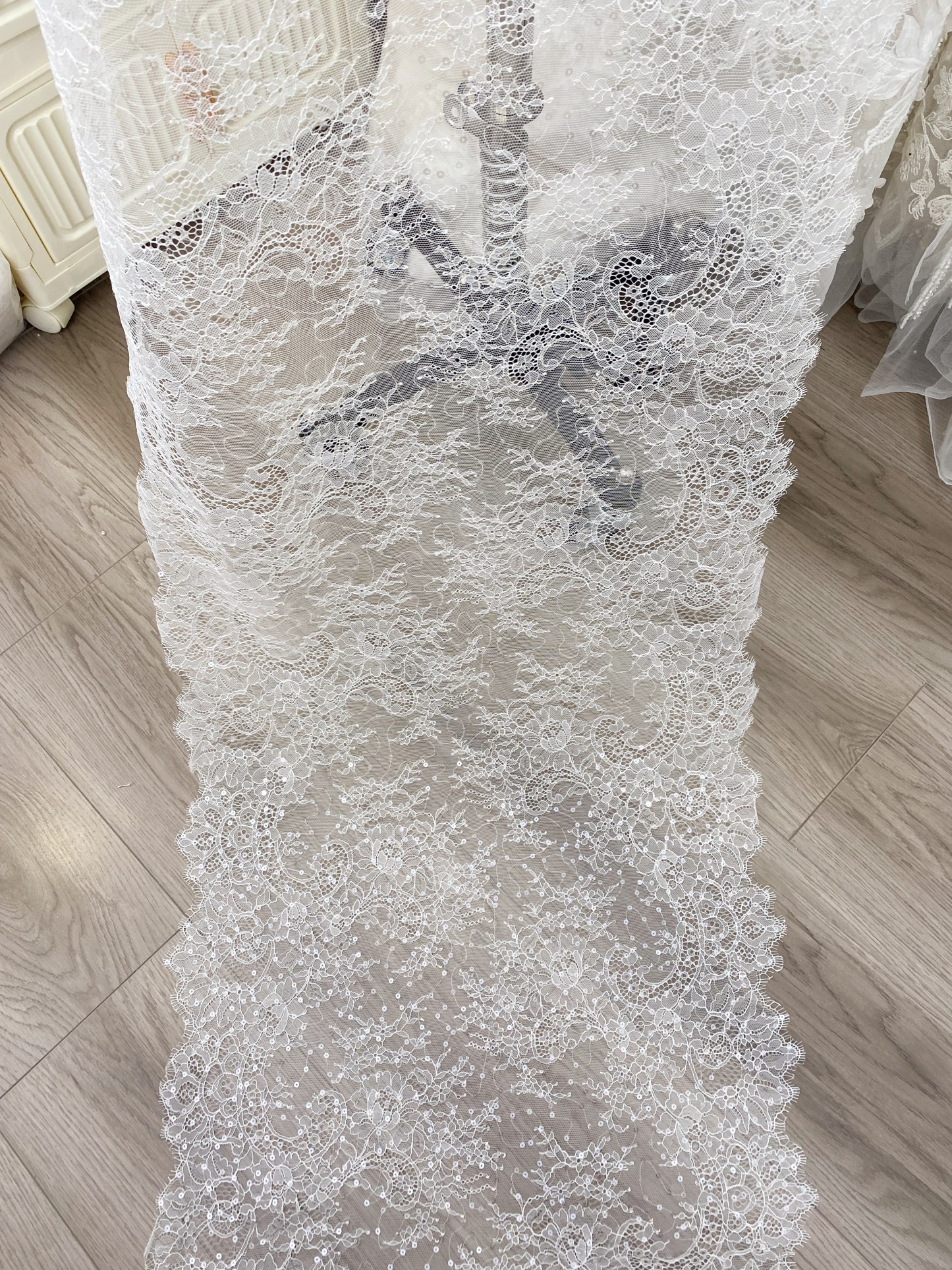 3 Meters French Chantilly Lace Trims with Double Side Scalloped, Sequins Lace Trim, Bridal Veil Lace Fabric