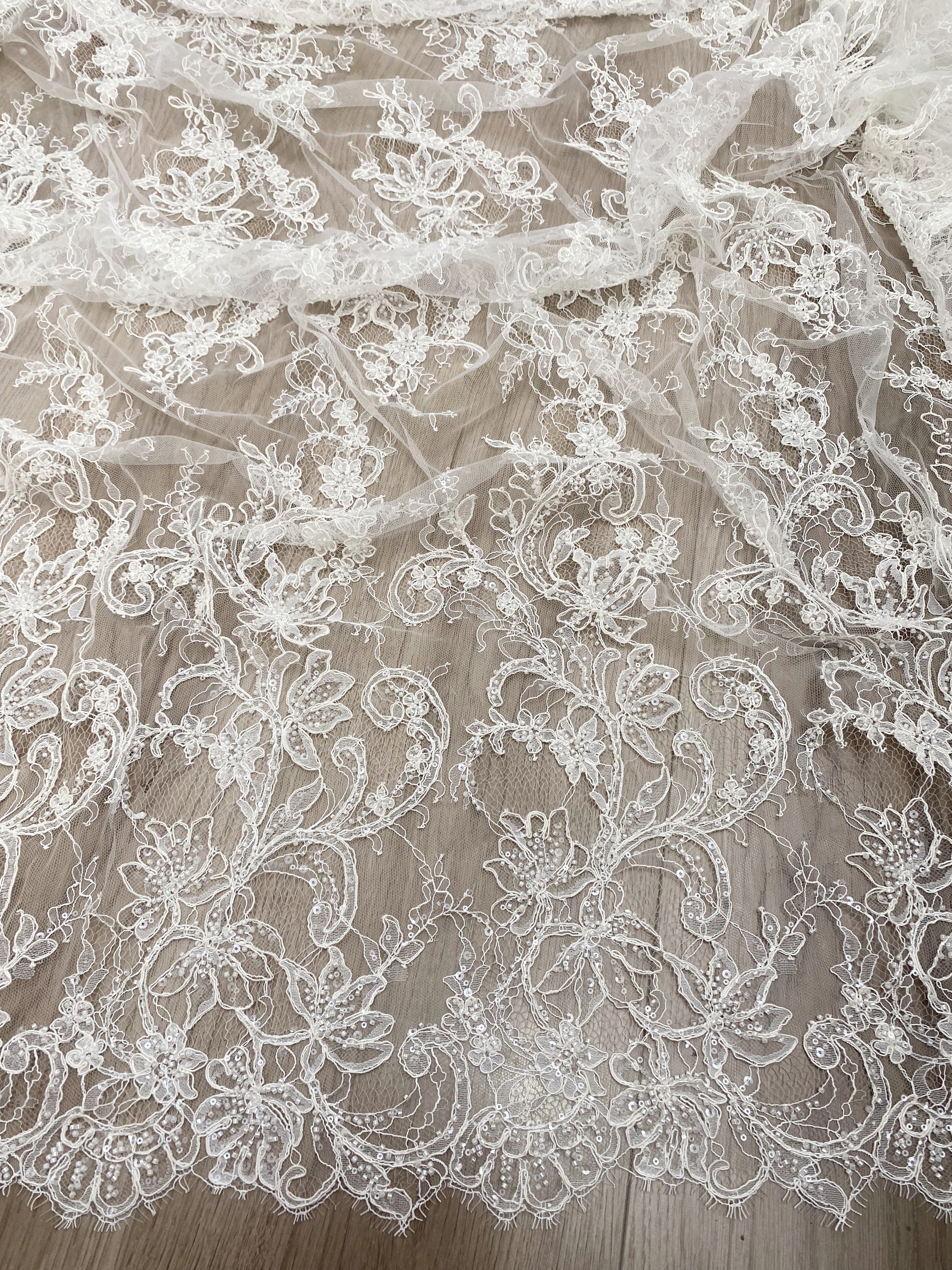 Luxurious Beaded French Chantilly Lace Fabric, Sequin Floral Embroidery Lace for wedding shrugs,bridal gown,Sold by 3 Yard