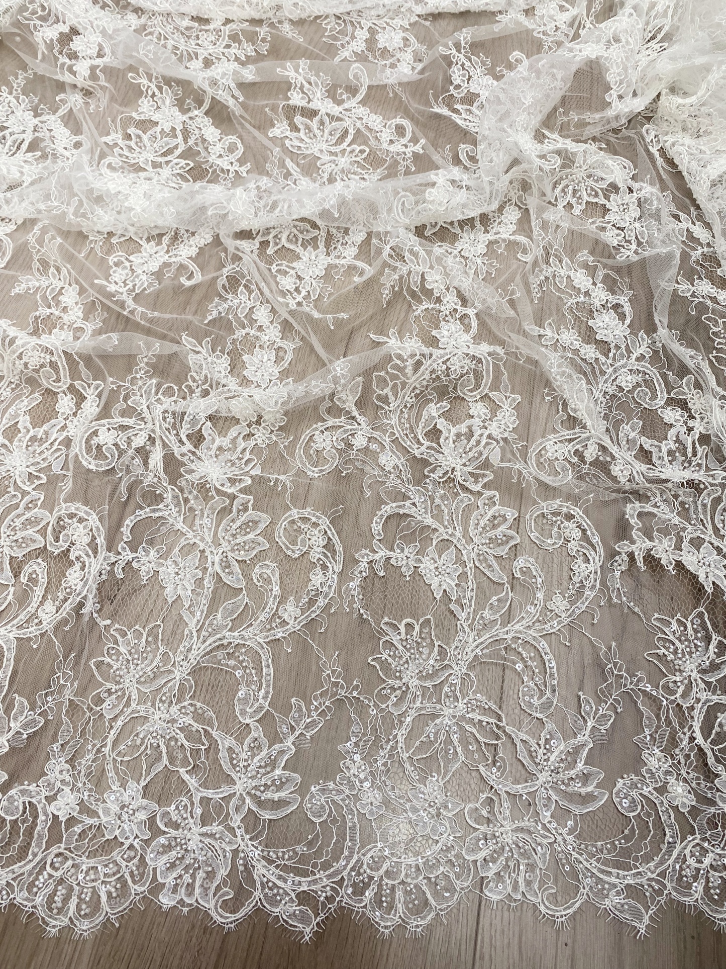 Luxurious Beaded French Chantilly Lace Fabric, Sequin Floral Embroidery Lace for wedding shrugs,bridal gown,Sold by 3 Yard