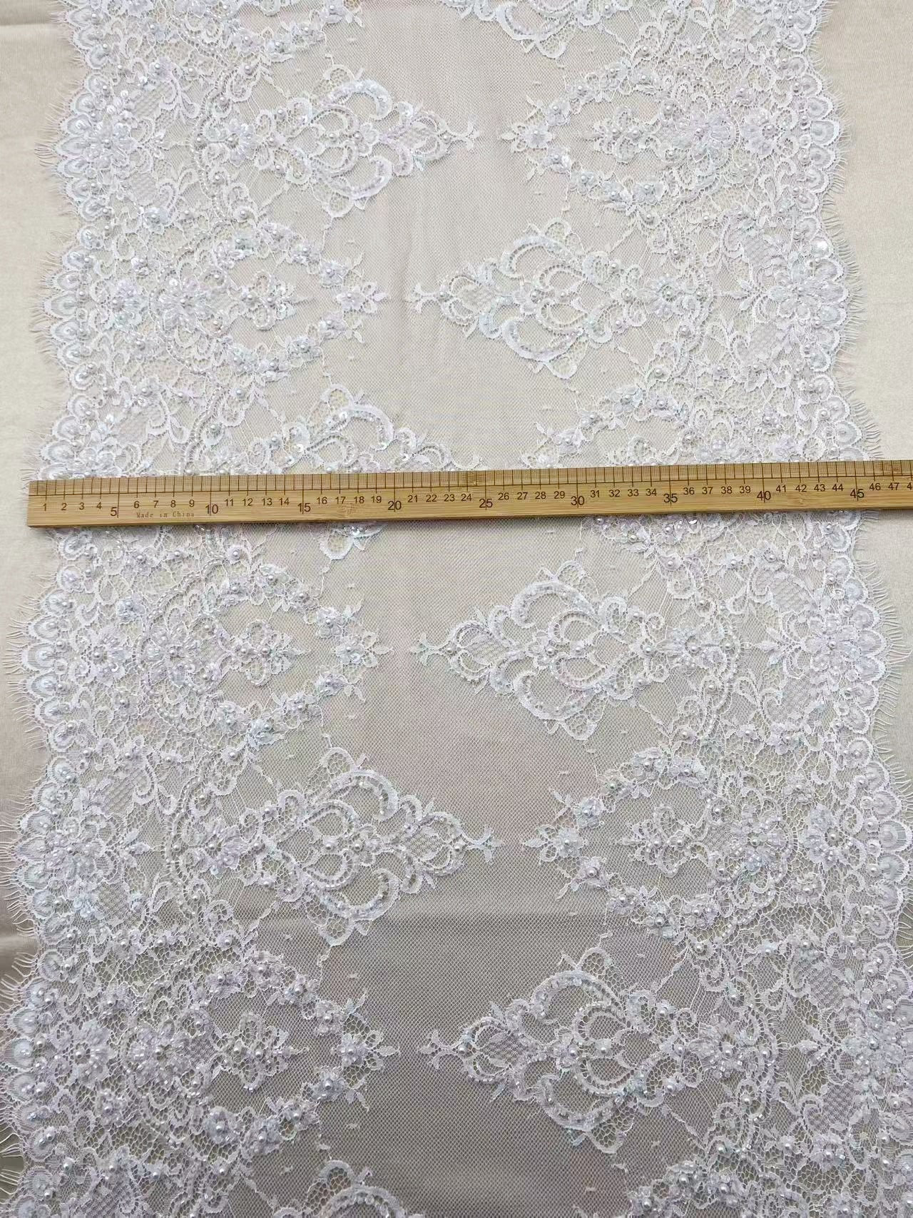 Chantilly Lace Trim with Pearls, White French Eyelash Lace Fabric for Bridal Veil, Beaded Embroidery Lace Tirm, Sold as 3-Meters Piece
