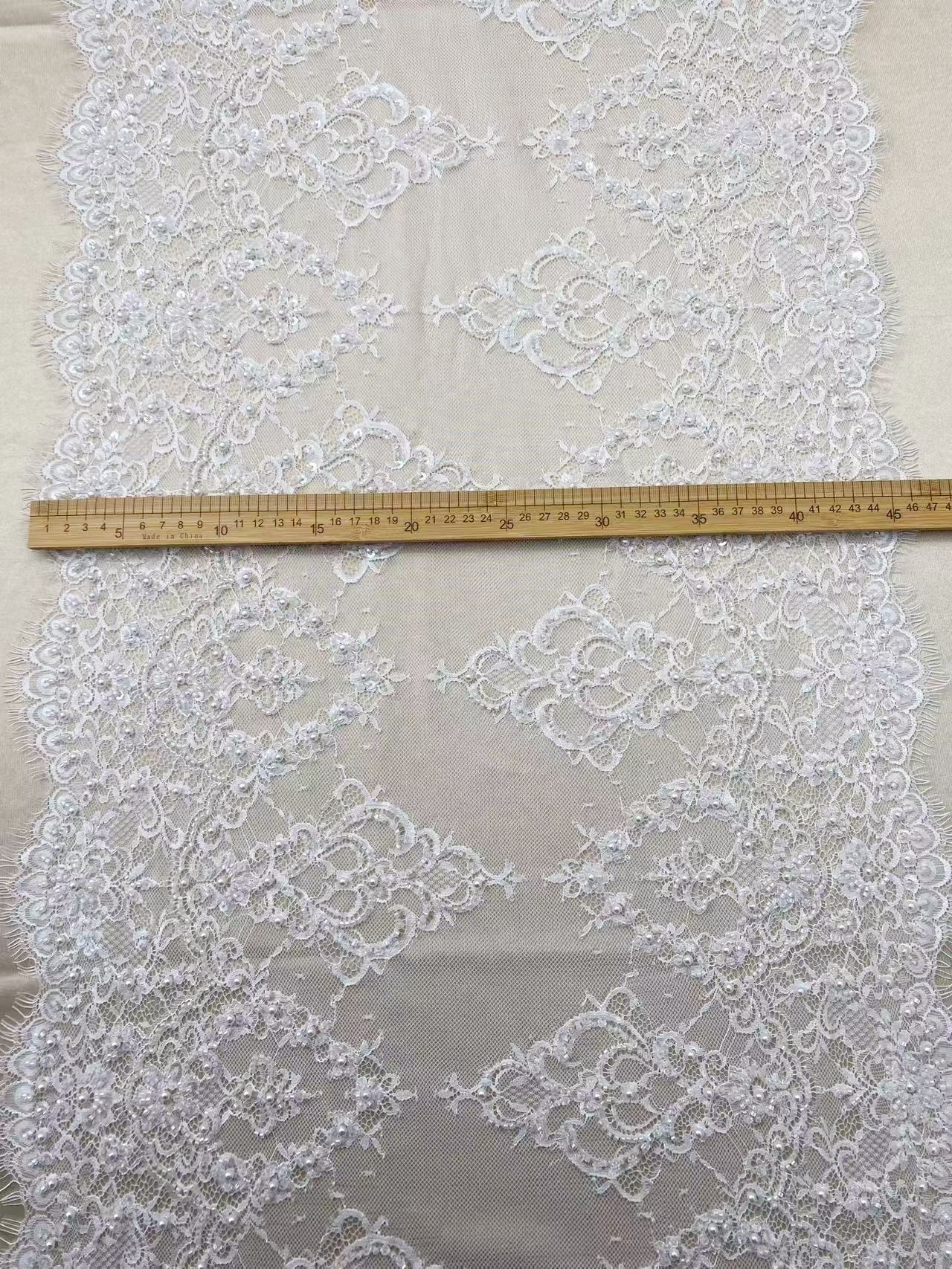 Chantilly Lace Trim with Pearls, White French Eyelash Lace Fabric for Bridal Veil, Beaded Embroidery Lace Tirm, Sold as 3-Meters Piece