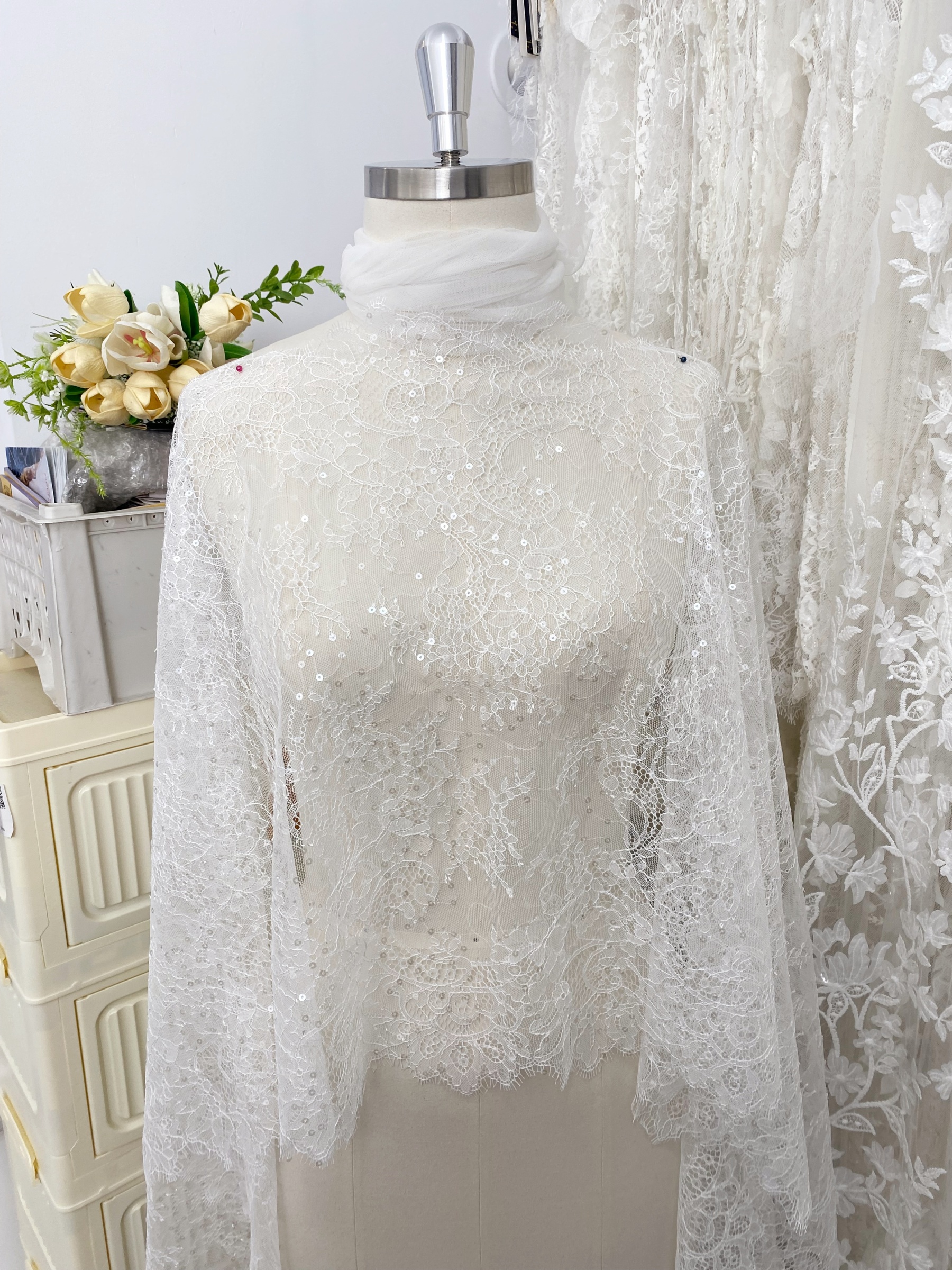 3 Meters French Chantilly Lace Trims with Double Side Scalloped, Sequins Lace Trim, Bridal Veil Lace Fabric