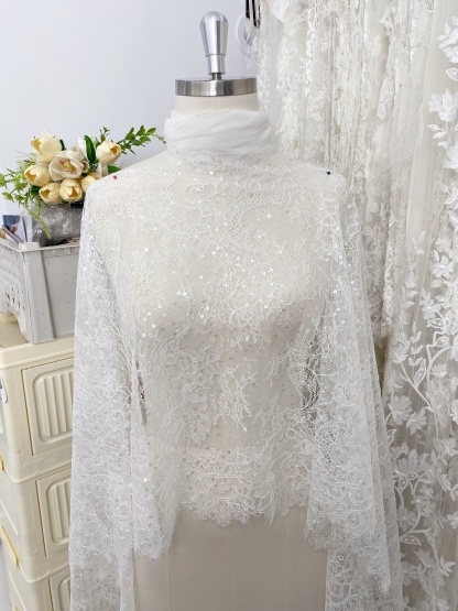 3 Meters French Chantilly Lace Trims with Double Side Scalloped, Sequins Lace Trim, Bridal Veil Lace Fabric
