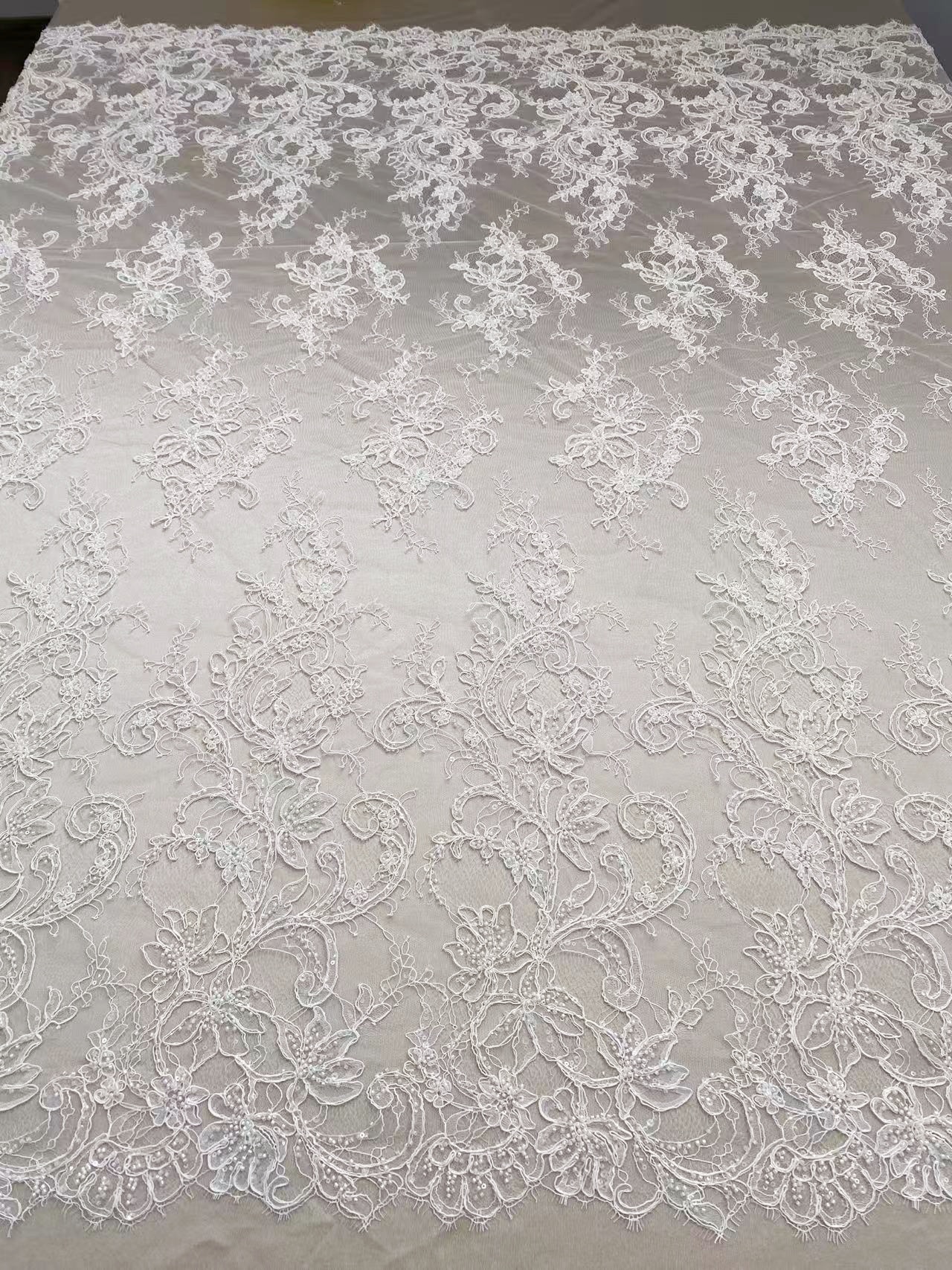 Luxurious Beaded French Chantilly Lace Fabric, Sequin Floral Embroidery Lace for wedding shrugs,bridal gown,Sold by 3 Yard