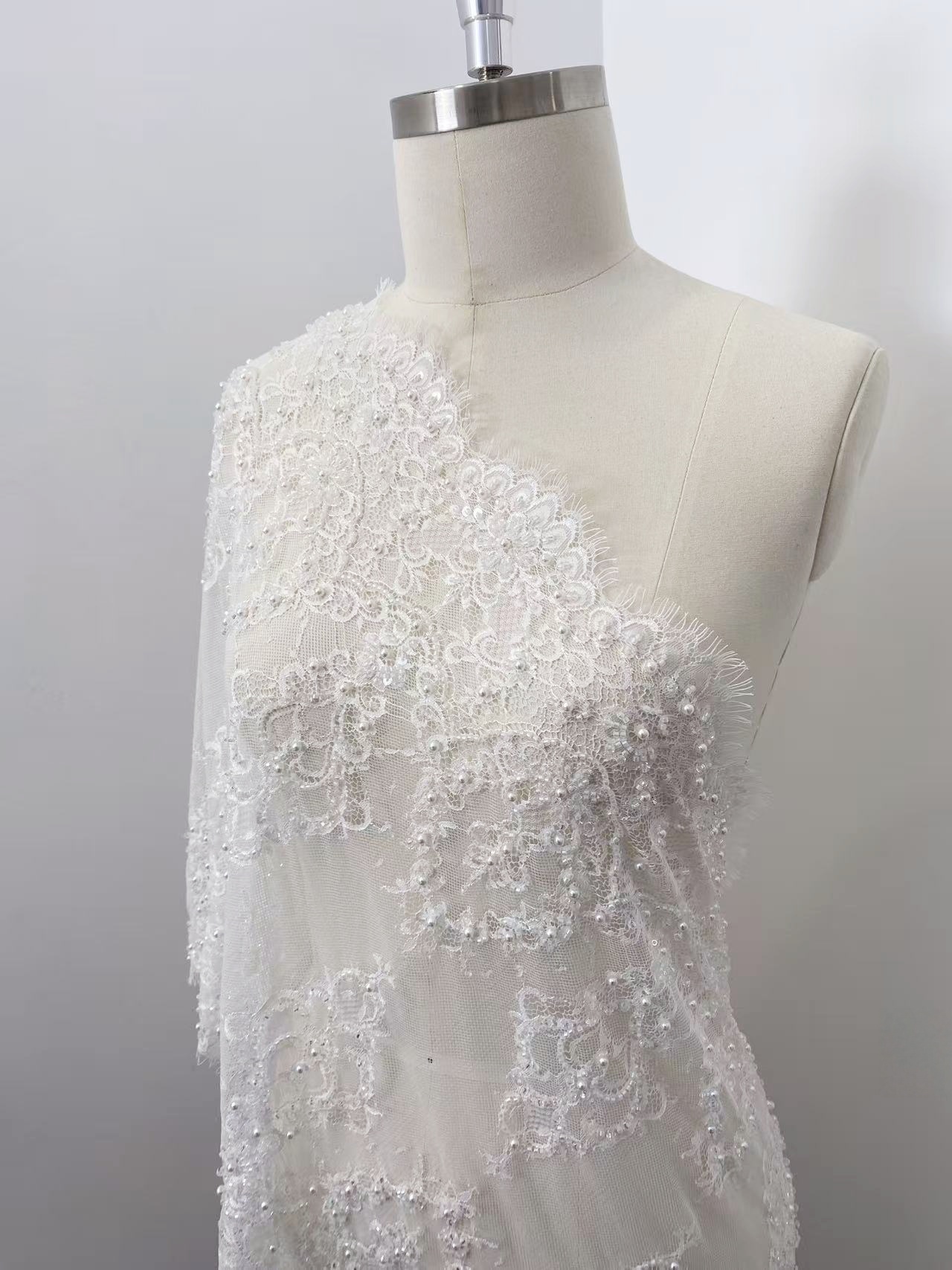 Chantilly Lace Trim with Pearls, White French Eyelash Lace Fabric for Bridal Veil, Beaded Embroidery Lace Tirm, Sold as 3-Meters Piece