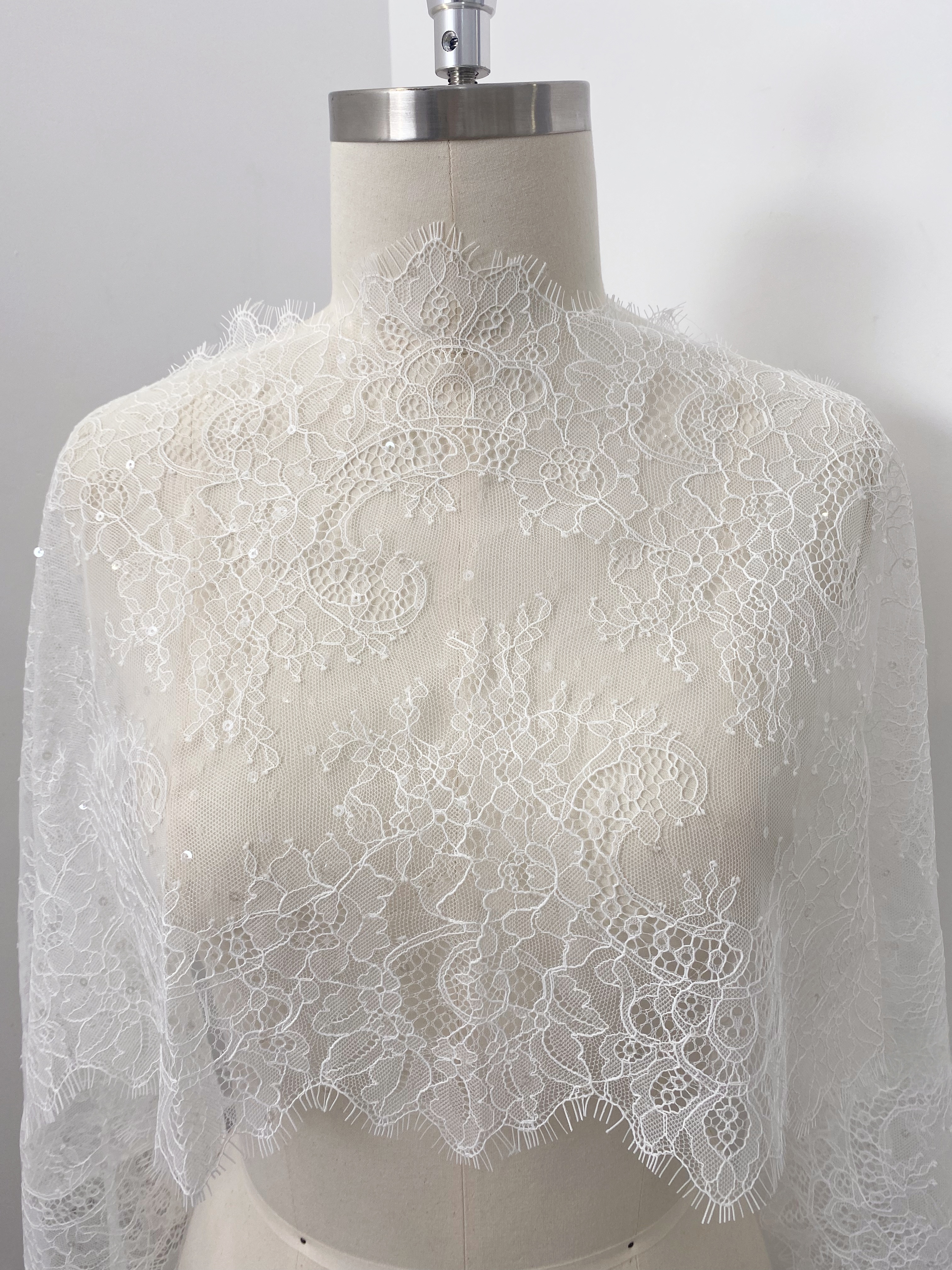 French Sequin Chantilly Lace Trim, Floral Trim Eyelash Edging, Eyelash Lace Wedding Dress Fabric for Bridal Veil, Bridal Cap Lace 3 meters