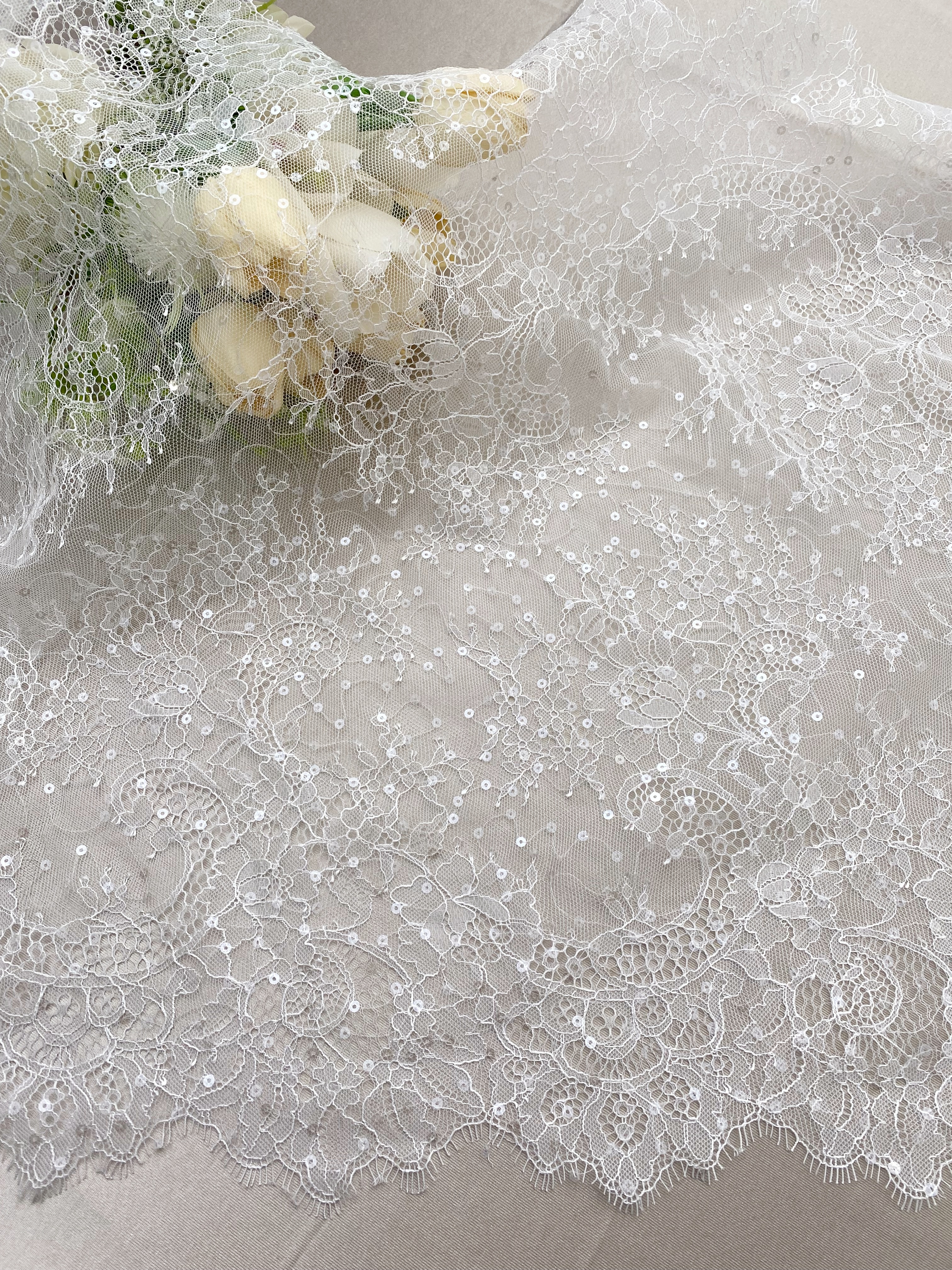 3 Meters French Chantilly Lace Trims with Double Side Scalloped, Sequins Lace Trim, Bridal Veil Lace Fabric