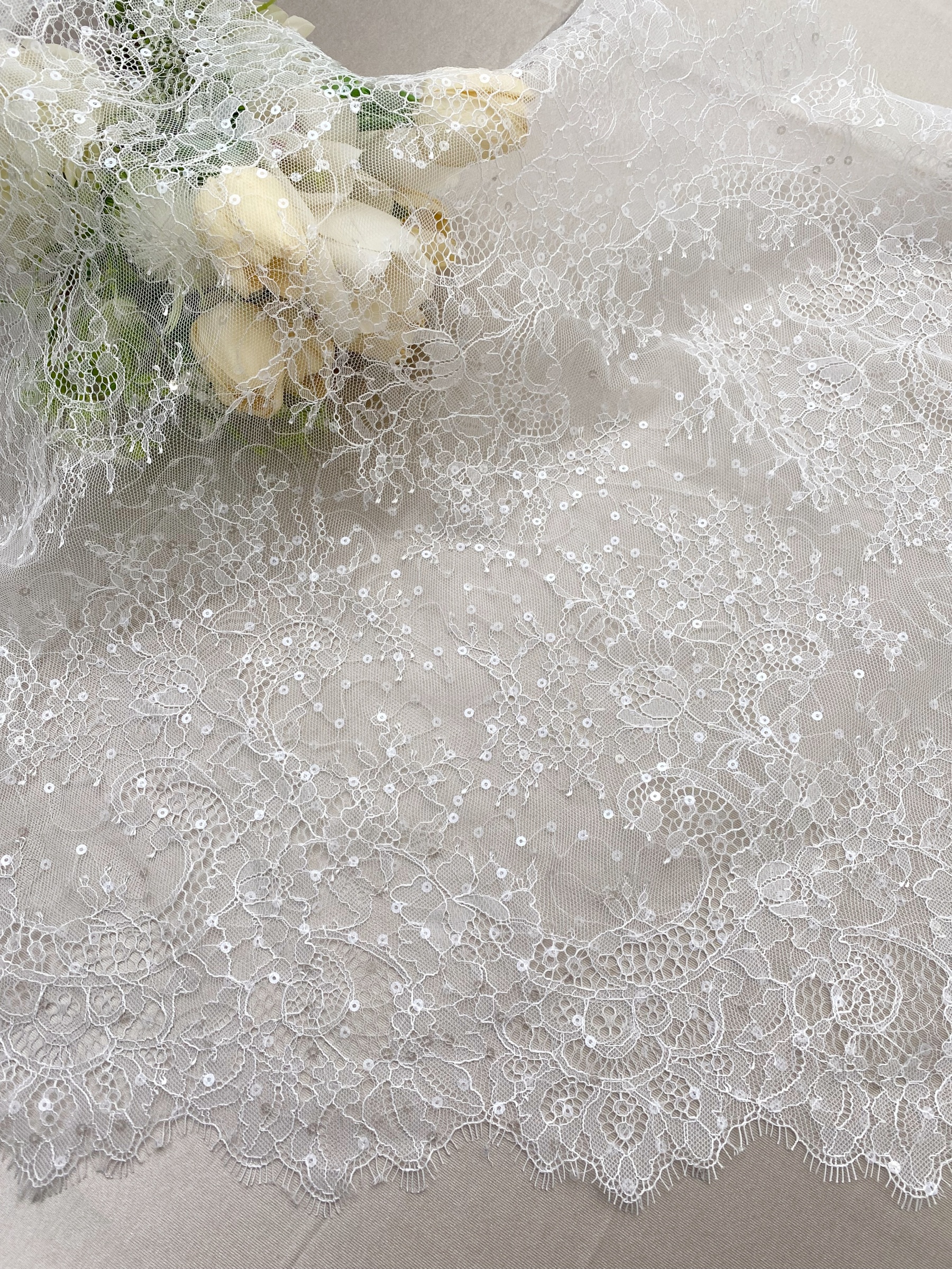 3 Meters French Chantilly Lace Trims with Double Side Scalloped, Sequins Lace Trim, Bridal Veil Lace Fabric