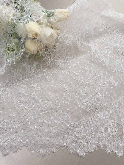 3 Meters French Chantilly Lace Trims with Double Side Scalloped, Sequins Lace Trim, Bridal Veil Lace Fabric