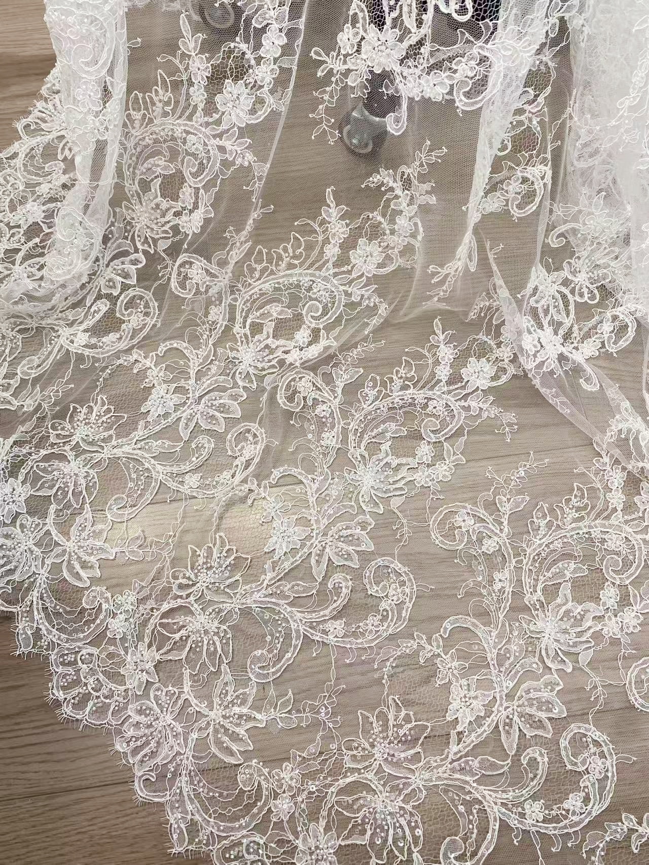 Luxurious Beaded French Chantilly Lace Fabric, Sequin Floral Embroidery Lace for wedding shrugs,bridal gown,Sold by 3 Yard