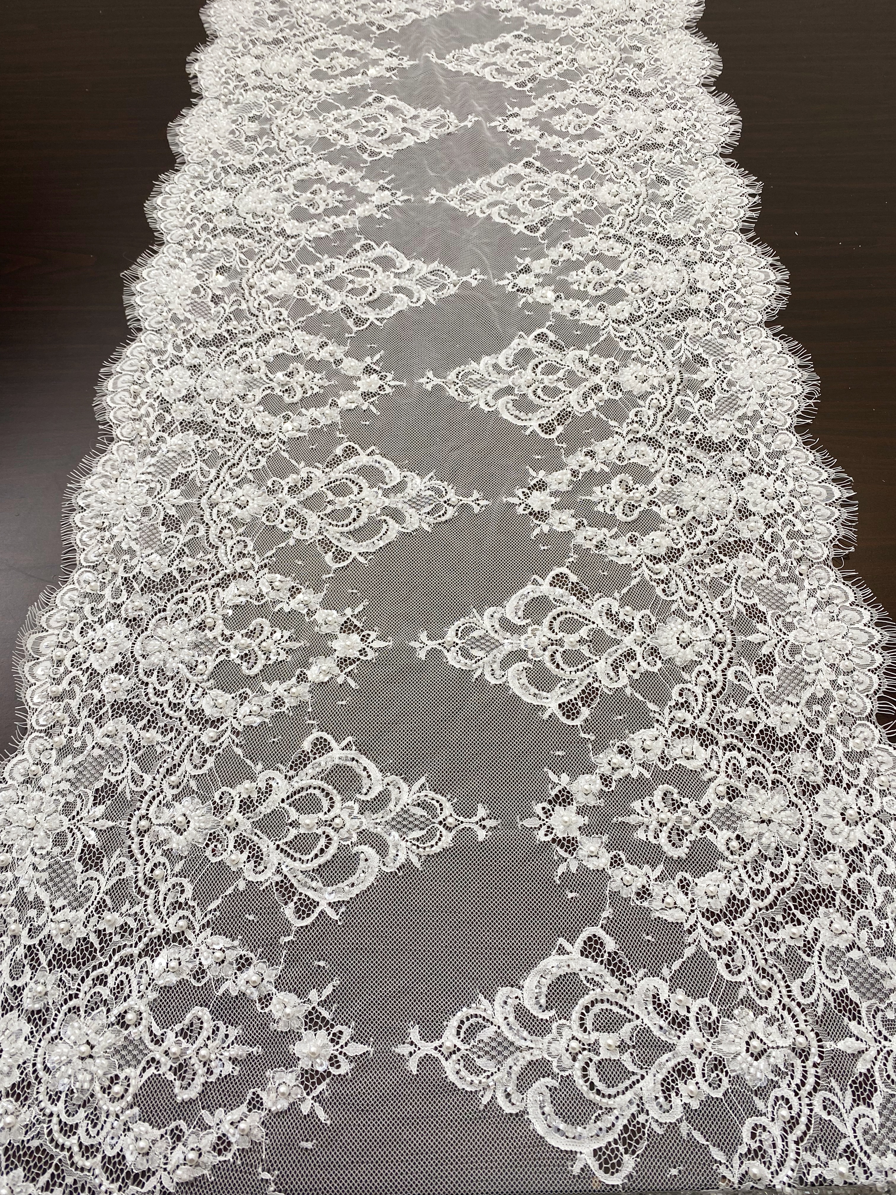 Chantilly Lace Trim with Pearls, White French Eyelash Lace Fabric for Bridal Veil, Beaded Embroidery Lace Tirm, Sold as 3-Meters Piece