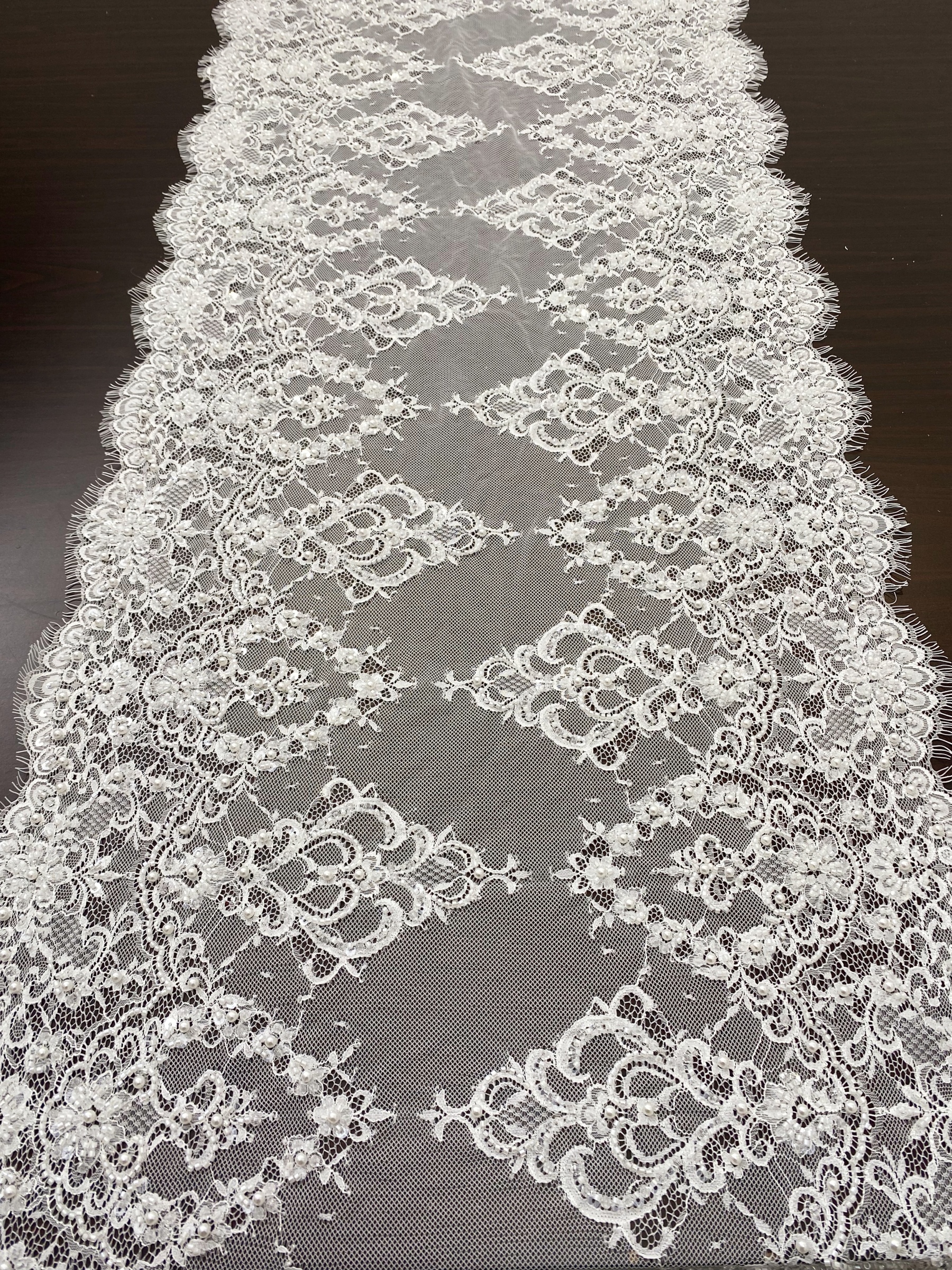 Chantilly Lace Trim with Pearls, White French Eyelash Lace Fabric for Bridal Veil, Beaded Embroidery Lace Tirm, Sold as 3-Meters Piece