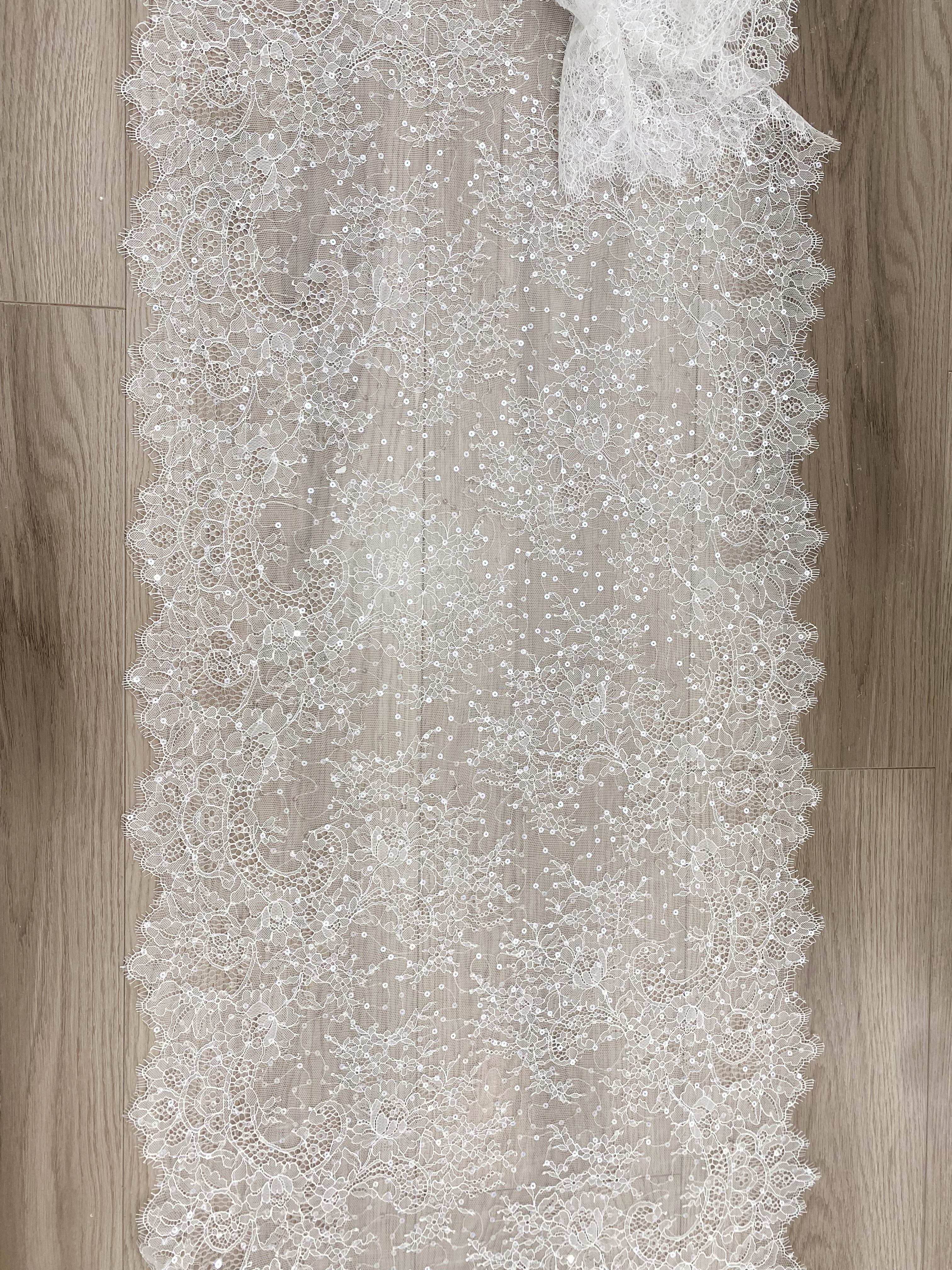 3 Meters French Chantilly Lace Trims with Double Side Scalloped, Sequins Lace Trim, Bridal Veil Lace Fabric