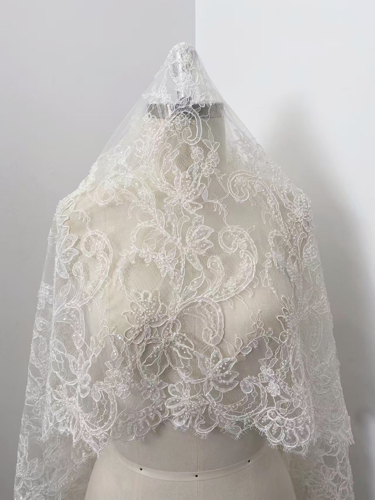 Luxurious Beaded French Chantilly Lace Fabric, Sequin Floral Embroidery Lace for wedding shrugs,bridal gown,Sold by 3 Yard