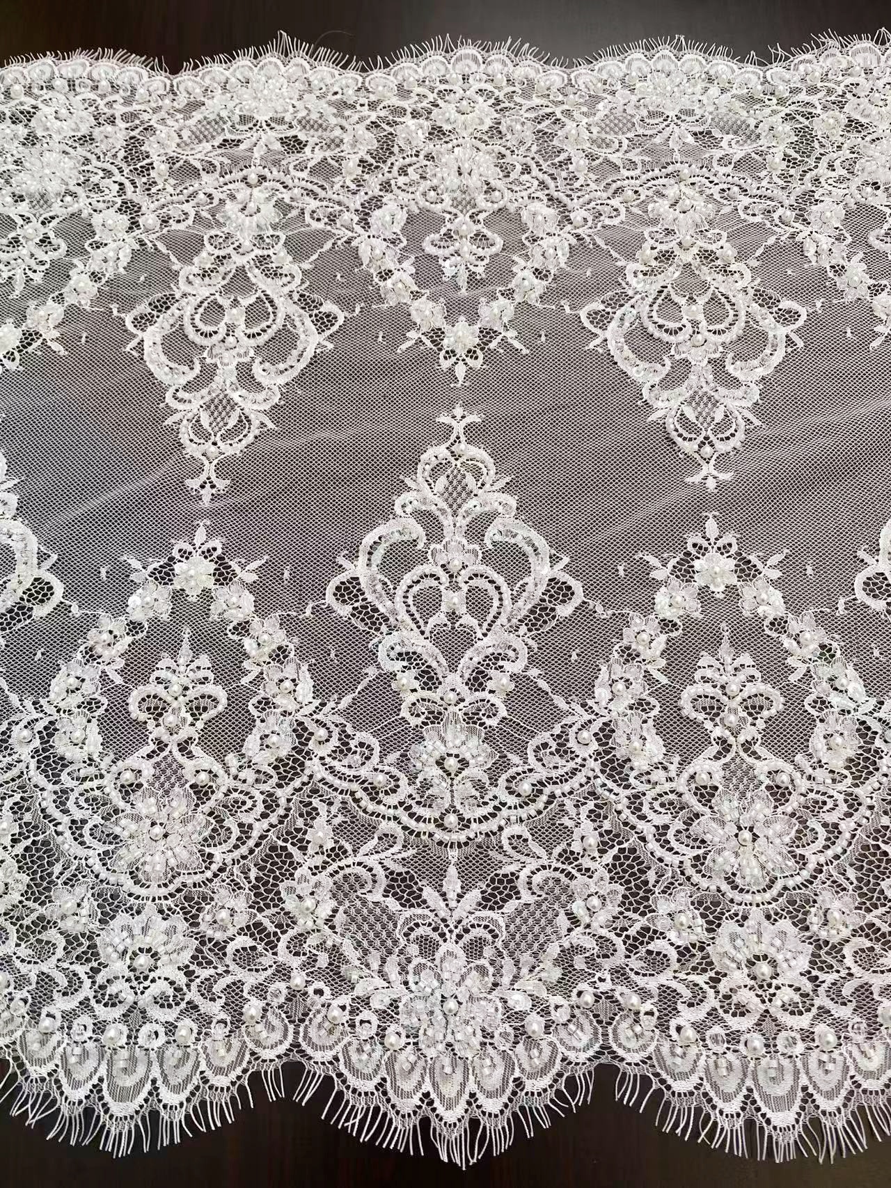 Chantilly Lace Trim with Pearls, White French Eyelash Lace Fabric for Bridal Veil, Beaded Embroidery Lace Tirm, Sold as 3-Meters Piece