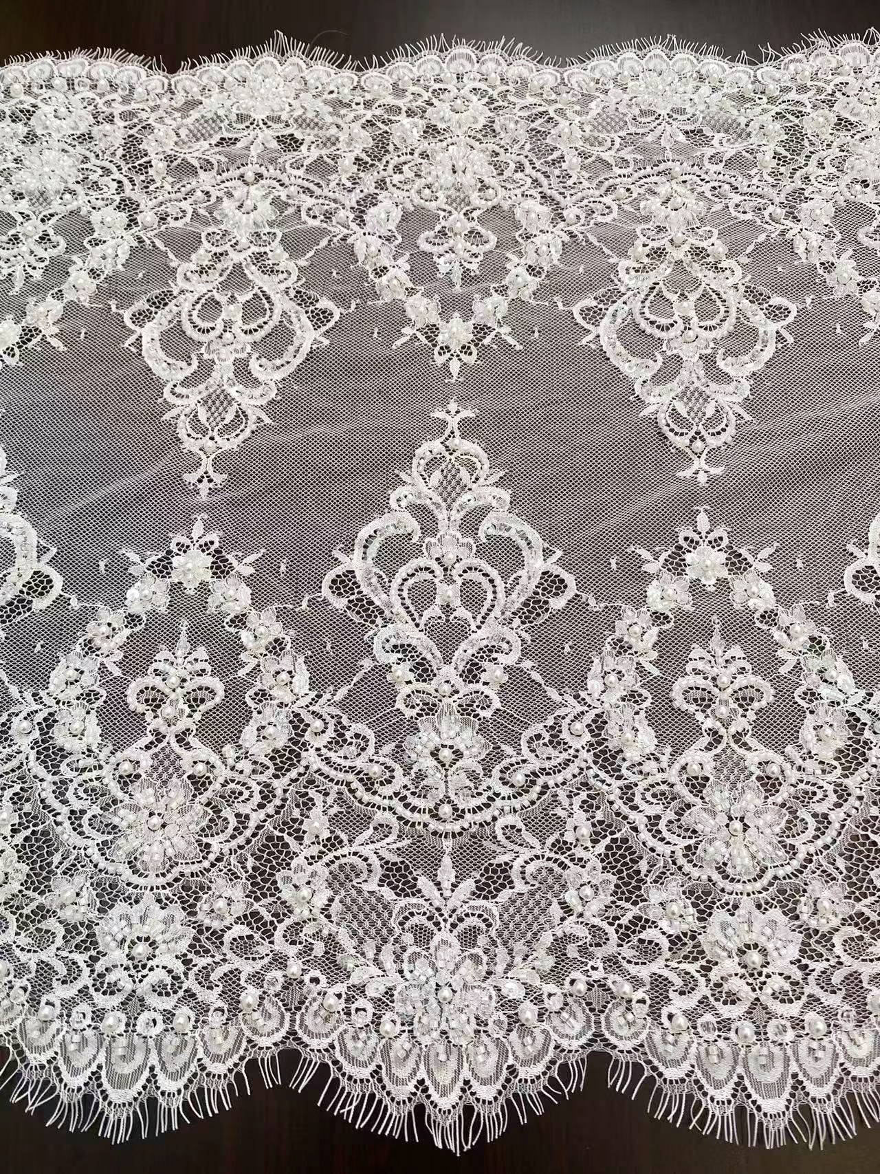 Chantilly Lace Trim with Pearls, White French Eyelash Lace Fabric for Bridal Veil, Beaded Embroidery Lace Tirm, Sold as 3-Meters Piece