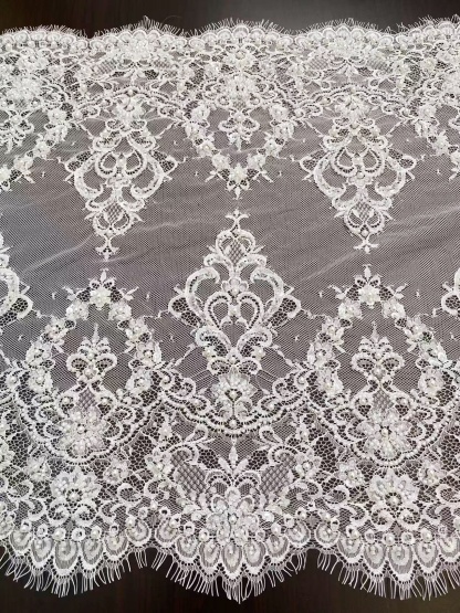 Chantilly Lace Trim with Pearls, White French Eyelash Lace Fabric for Bridal Veil, Beaded Embroidery Lace Tirm, Sold as 3-Meters Piece