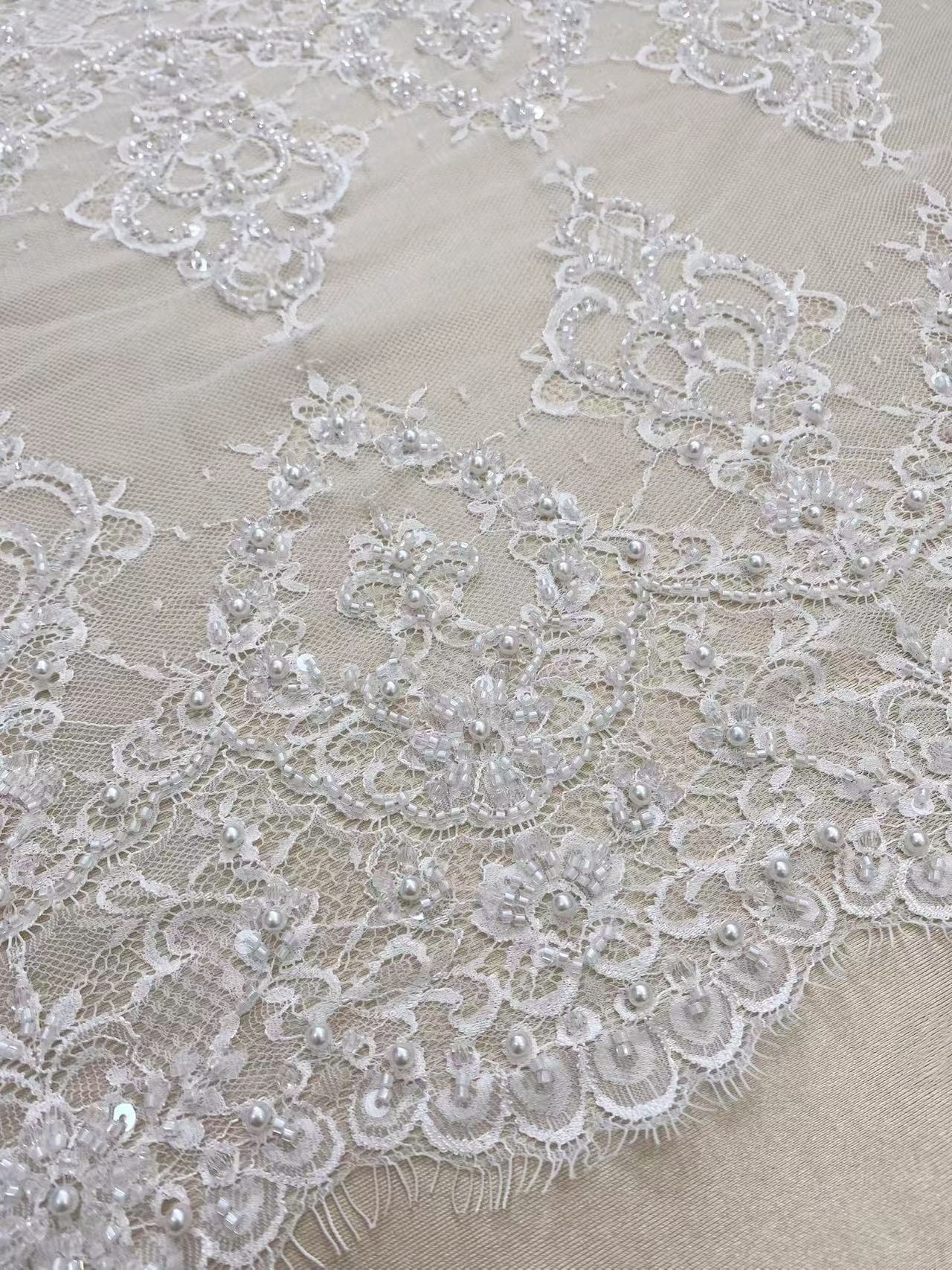 Chantilly Lace Trim with Pearls, White French Eyelash Lace Fabric for Bridal Veil, Beaded Embroidery Lace Tirm, Sold as 3-Meters Piece