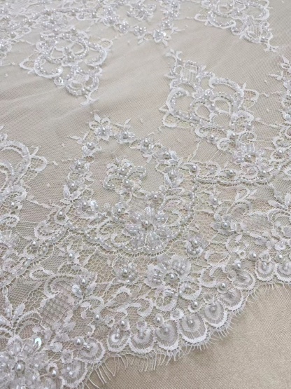 Chantilly Lace Trim with Pearls, White French Eyelash Lace Fabric for Bridal Veil, Beaded Embroidery Lace Tirm, Sold as 3-Meters Piece