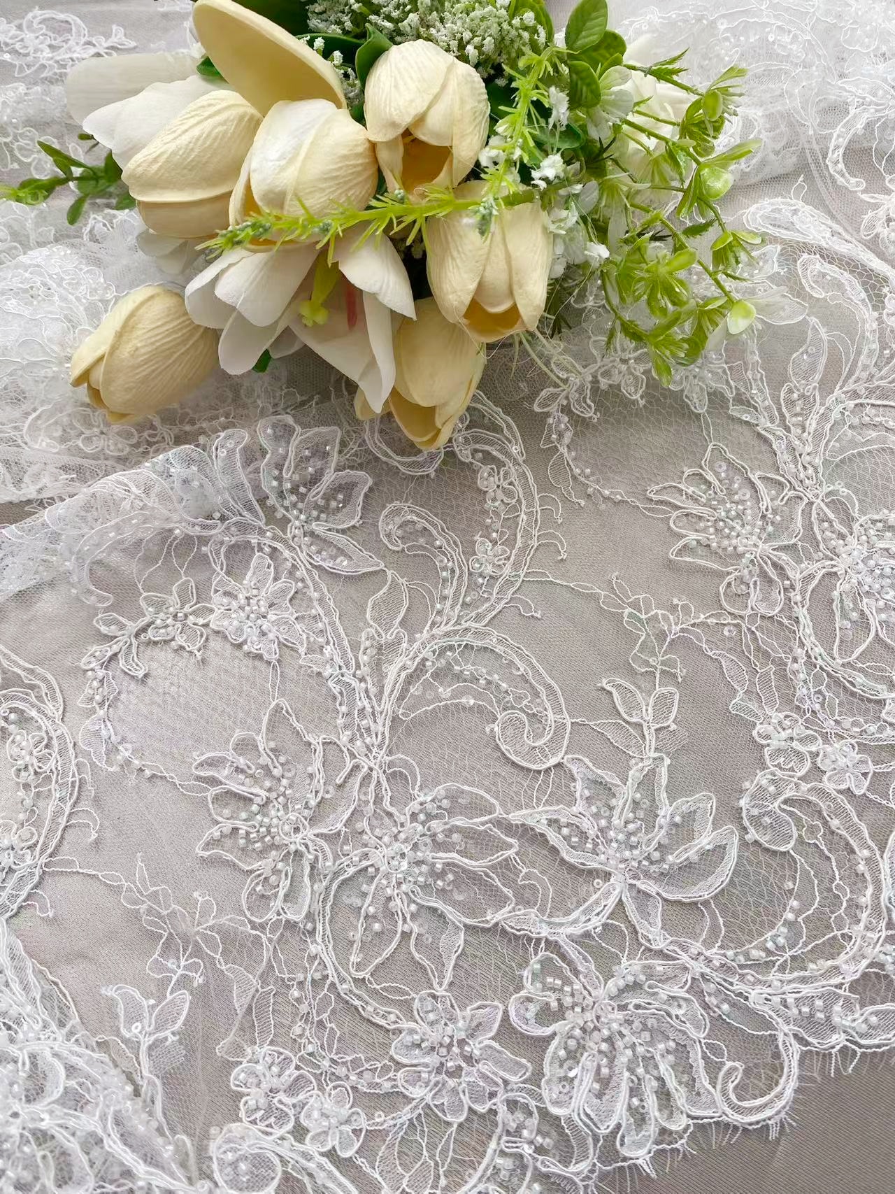 Luxurious Beaded French Chantilly Lace Fabric, Sequin Floral Embroidery Lace for wedding shrugs,bridal gown,Sold by 3 Yard