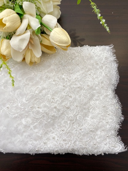 Chantilly Lace Trim with Pearls, White French Eyelash Lace Fabric for Bridal Veil, Beaded Embroidery Lace Tirm, Sold as 3-Meters Piece