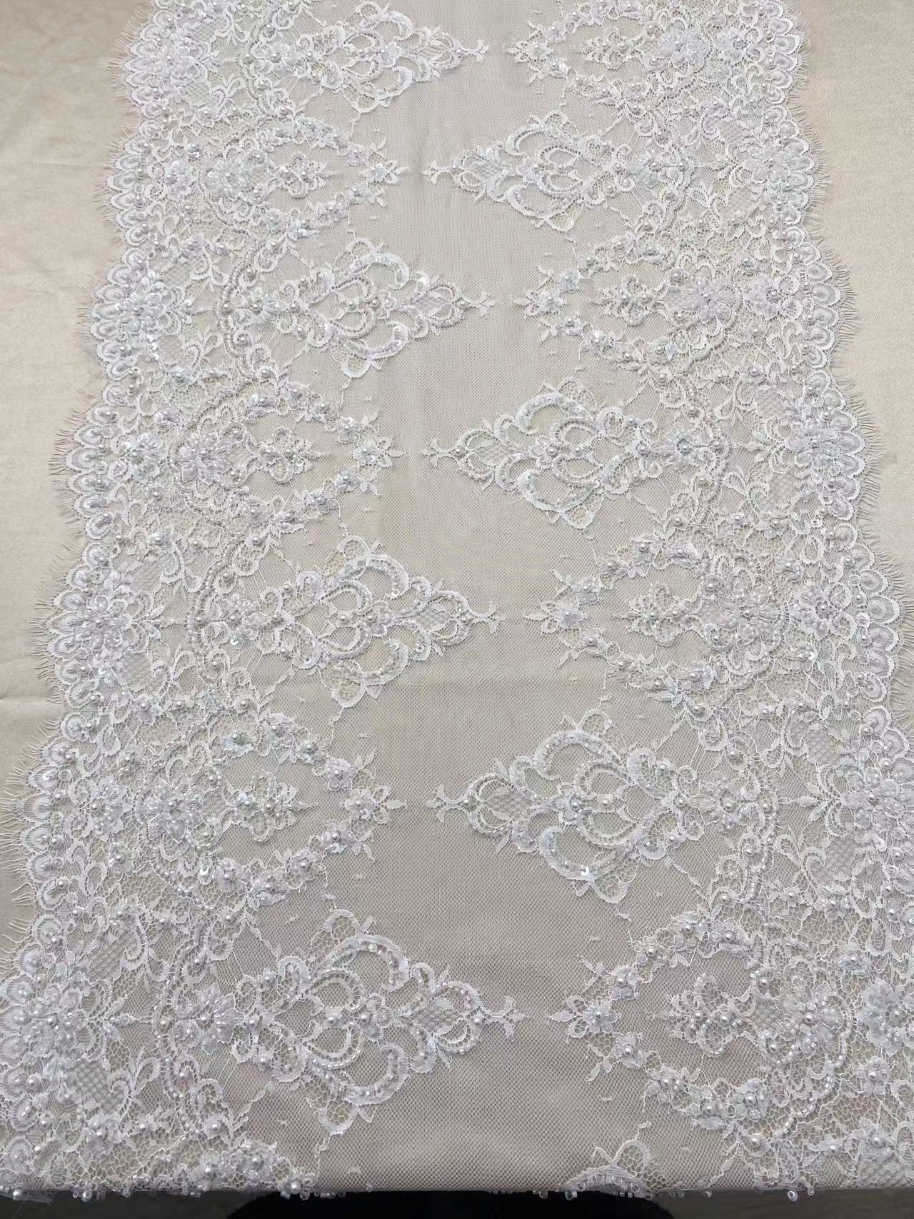 Chantilly Lace Trim with Pearls, White French Eyelash Lace Fabric for Bridal Veil, Beaded Embroidery Lace Tirm, Sold as 3-Meters Piece