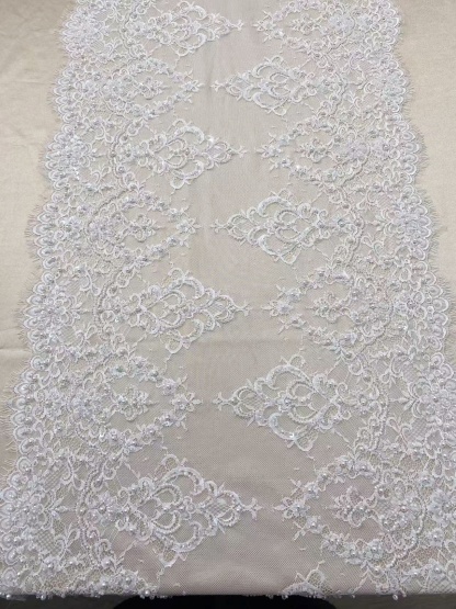 Chantilly Lace Trim with Pearls, White French Eyelash Lace Fabric for Bridal Veil, Beaded Embroidery Lace Tirm, Sold as 3-Meters Piece