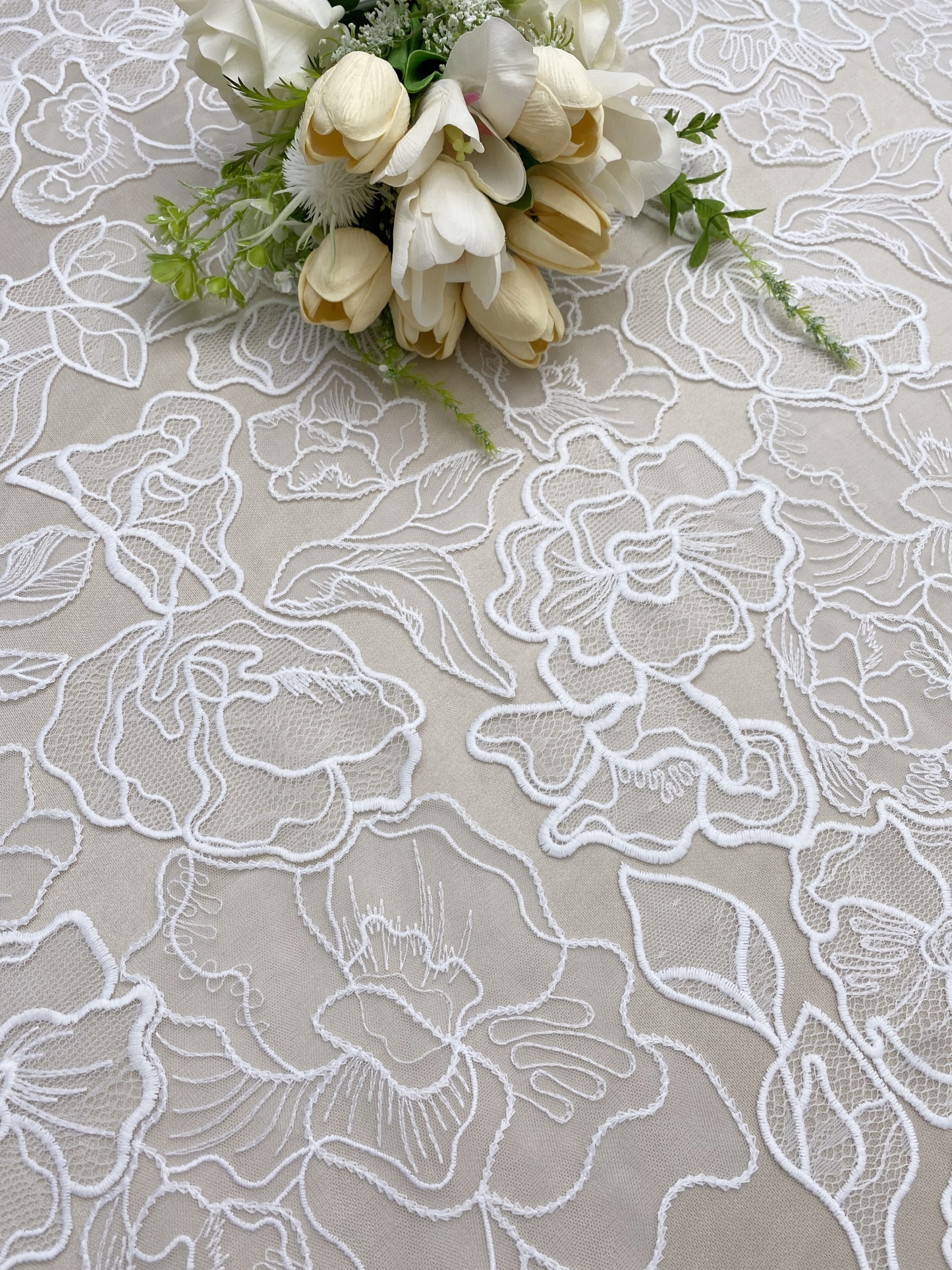 ExquisiteEmbroidery Floral Lace Fabric in Off White, Flowers Tulle Mesh Lace Fabric For Wedding Gown, Bridal Lace Fabric, by the yard