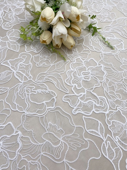 ExquisiteEmbroidery Floral Lace Fabric in Off White, Flowers Tulle Mesh Lace Fabric For Wedding Gown, Bridal Lace Fabric, by the yard