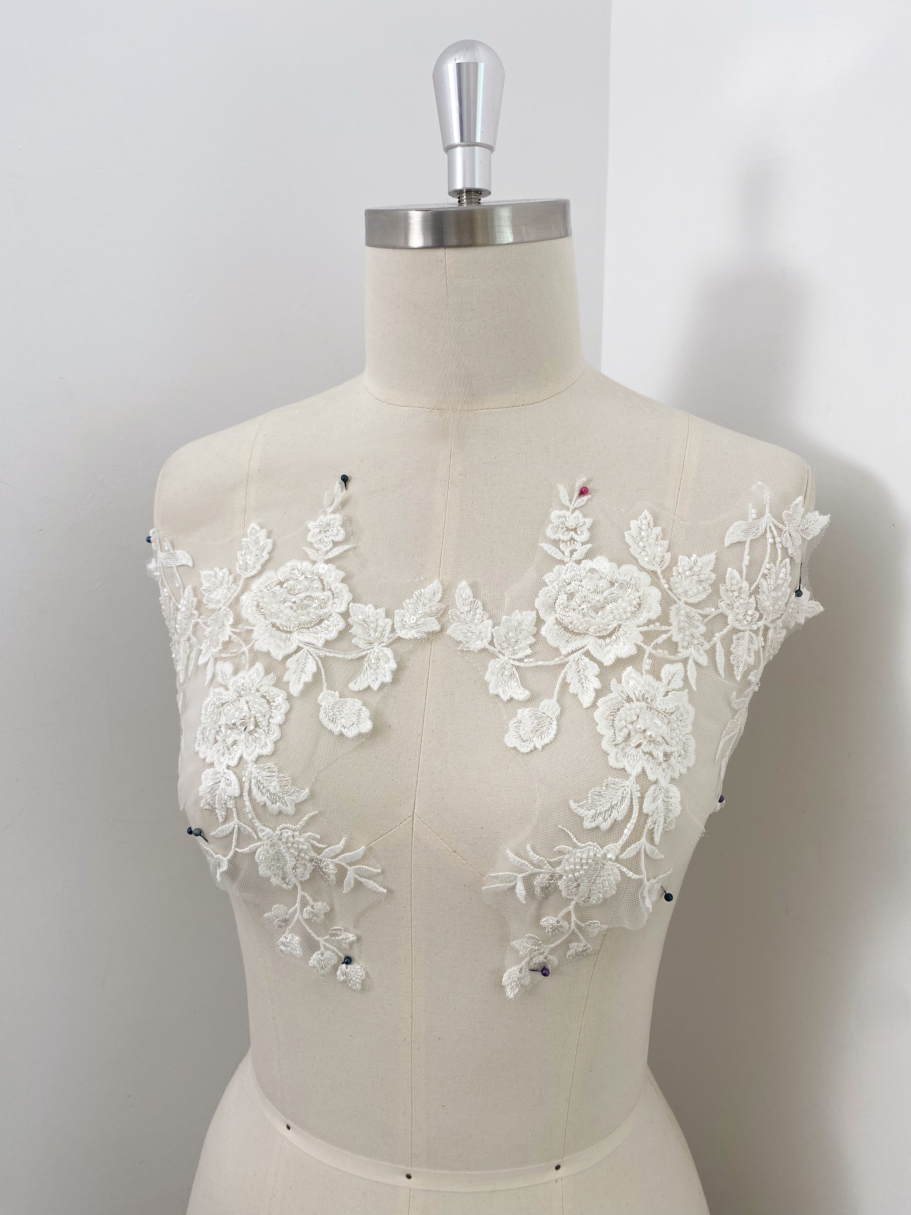 Ivory Handmade Beaded Bridal Lace Applique for Wedding Gown Bodice, Lace Veil, Couture Design, Floral Lace Trim, Wedding Dress Decor