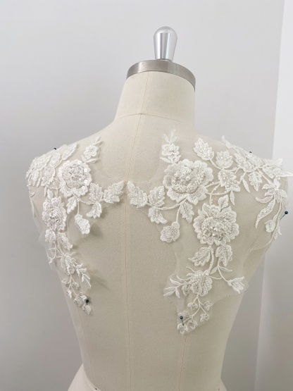 Ivory Handmade Beaded Bridal Lace Applique for Wedding Gown Bodice, Lace Veil, Couture Design, Floral Lace Trim, Wedding Dress Decor