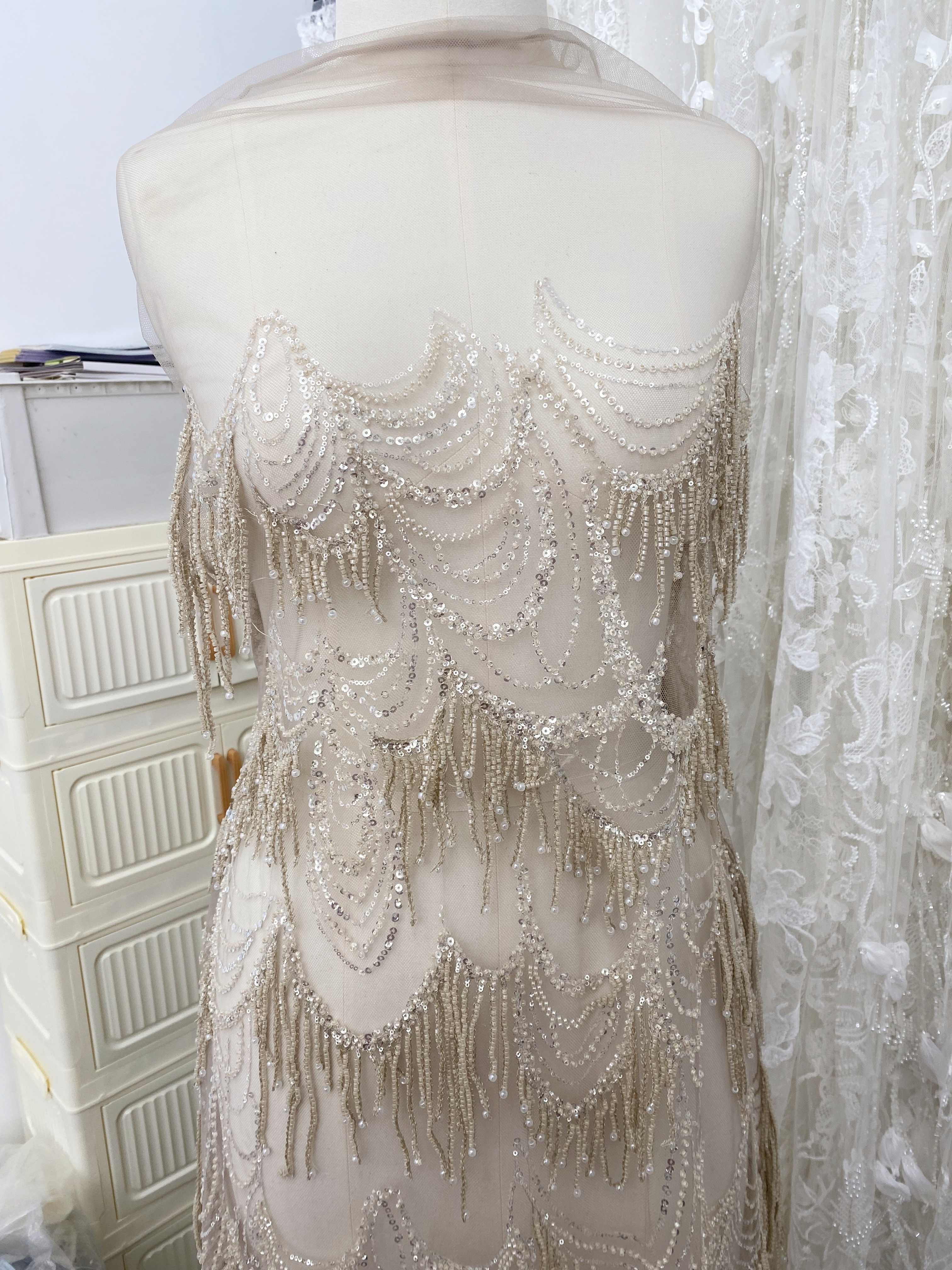Heavily Tassel Lace Tulle Fabric with Sparkling Beads and Sequins | Champagne Embroidered Tulle, Evening Wear, Dance Costume