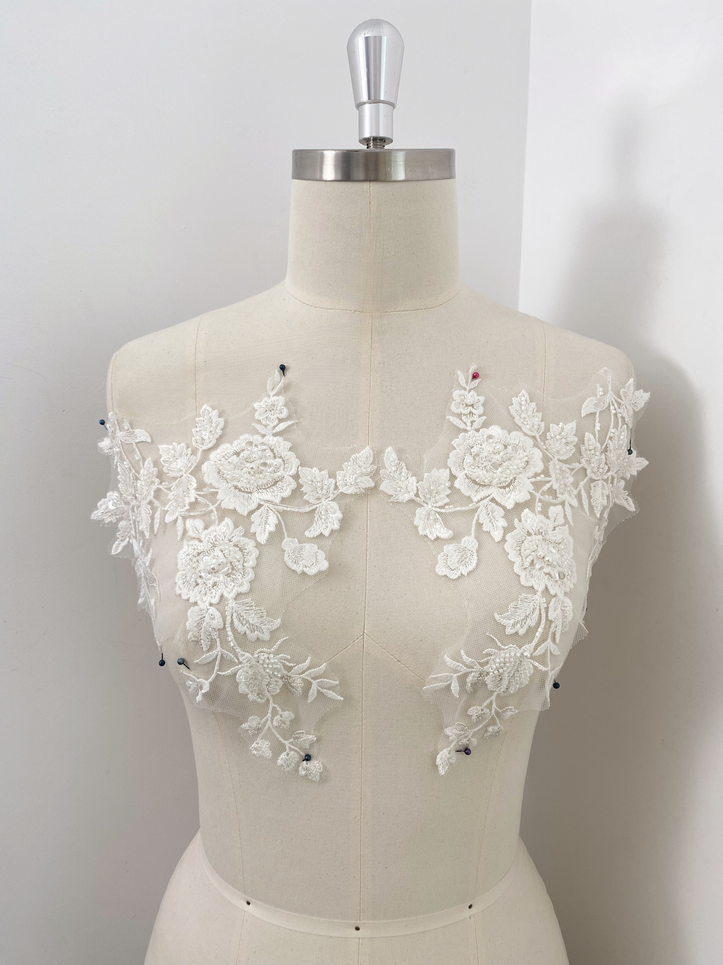 Ivory Handmade Beaded Bridal Lace Applique for Wedding Gown Bodice, Lace Veil, Couture Design, Floral Lace Trim, Wedding Dress Decor