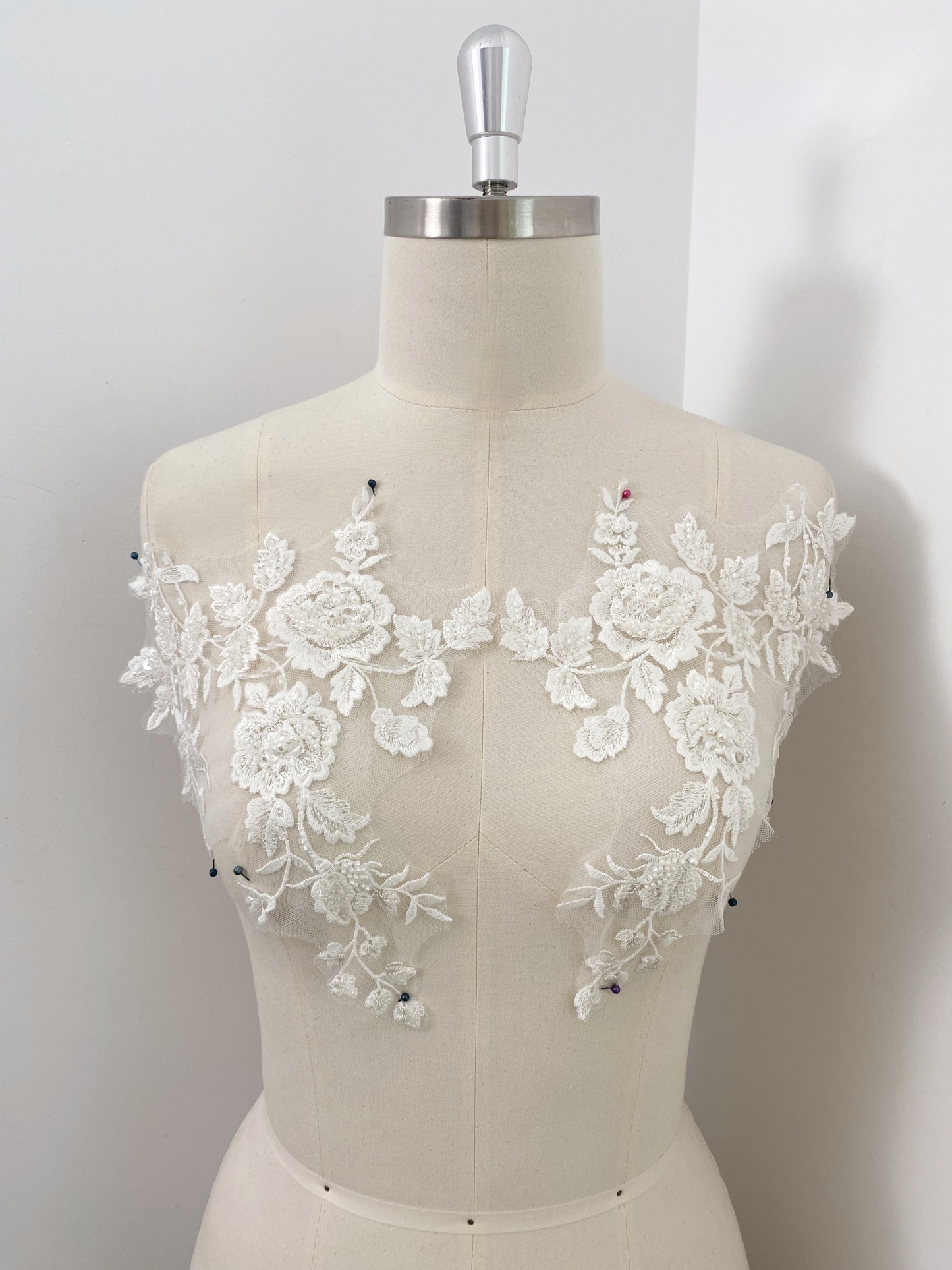 Ivory Handmade Beaded Bridal Lace Applique for Wedding Gown Bodice, Lace Veil, Couture Design, Floral Lace Trim, Wedding Dress Decor