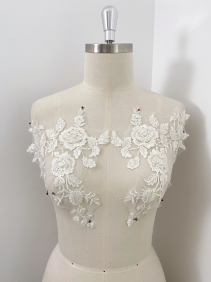 Ivory Handmade Beaded Bridal Lace Applique for Wedding Gown Bodice, Lace Veil, Couture Design, Floral Lace Trim, Wedding Dress Decor