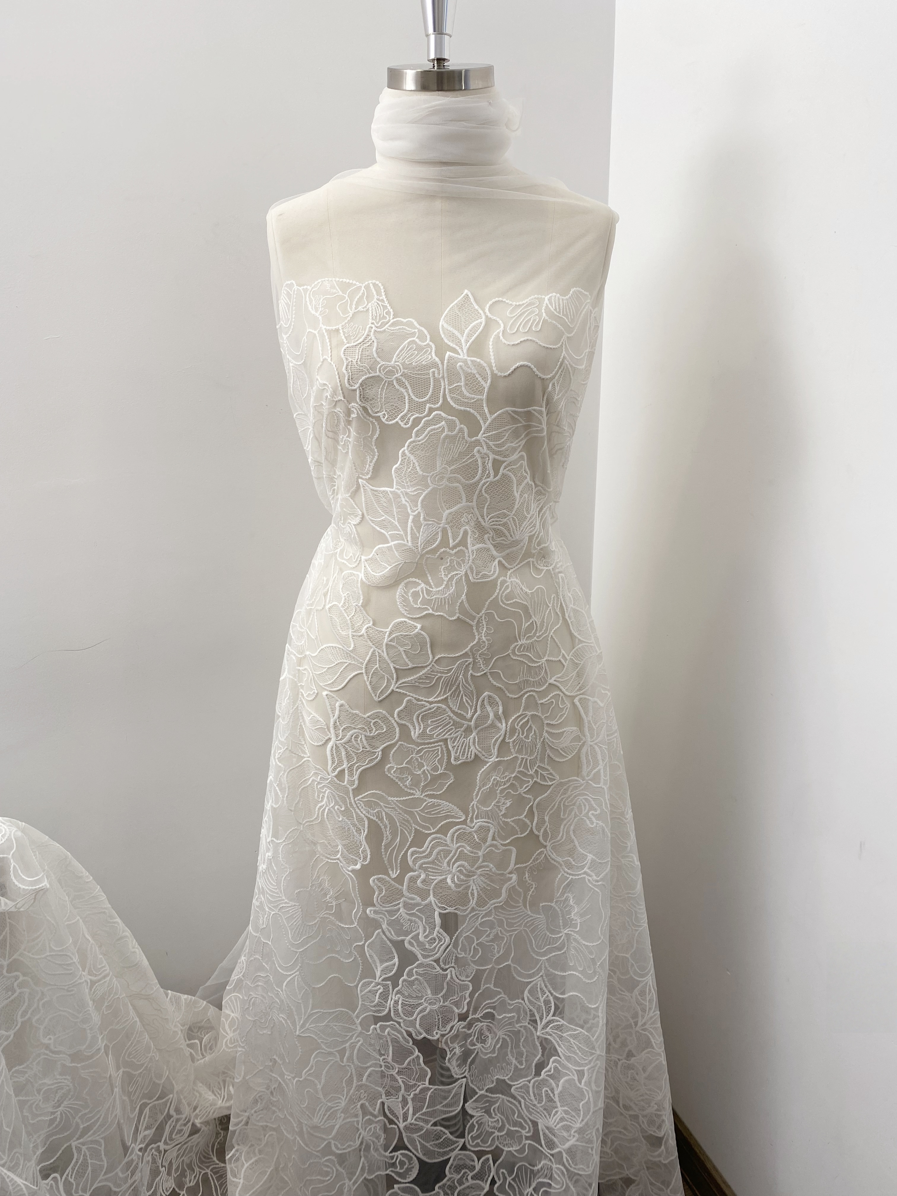 ExquisiteEmbroidery Floral Lace Fabric in Off White, Flowers Tulle Mesh Lace Fabric For Wedding Gown, Bridal Lace Fabric, by the yard